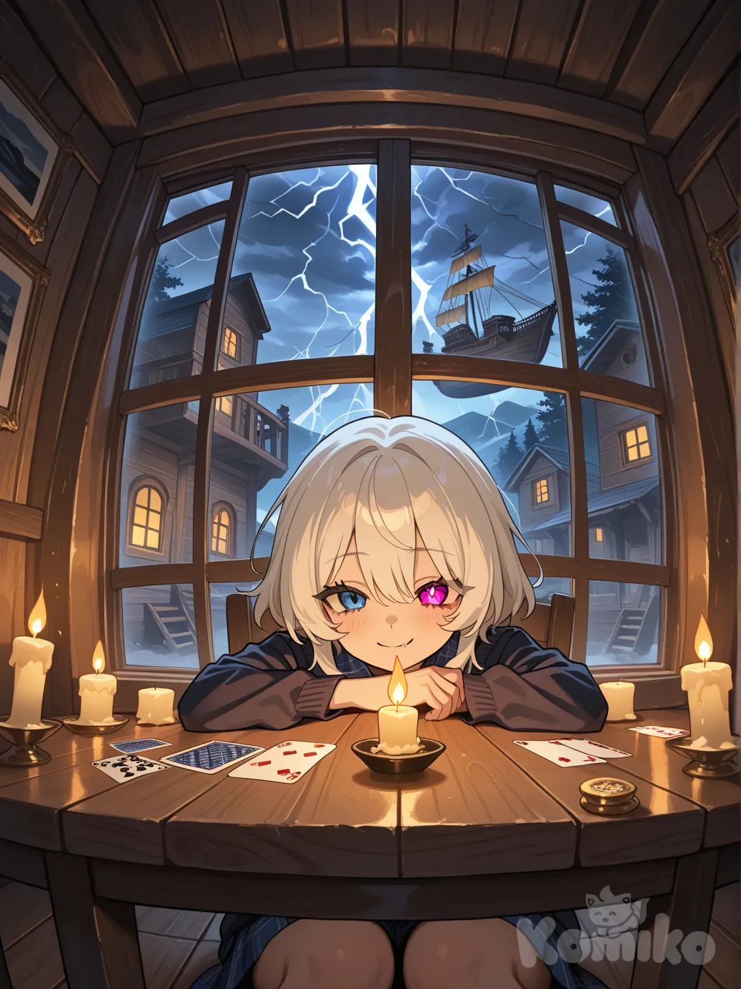 нарисуй арт с ней где она в каюте , на фоне раскаты грома, горит свеча, куча карт на столе, а в люке каюты видны два глаза, правый голубой, а левый розовый и этот взгляд с улыбкой выполненной в виде молнии