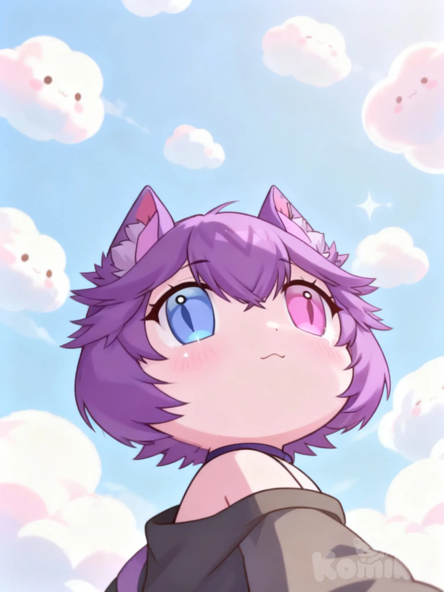 Anime chibi boy, looking upwards with awe and anticipation, wide sparkling eyes, slight blush. The scene is viewed from below. The sky above is filled with fluffy, cute clouds that whimsically resemble soft, pillowy shapes, creating a playful and gentle atmosphere. Pastel colors, soft lighting, high detail.