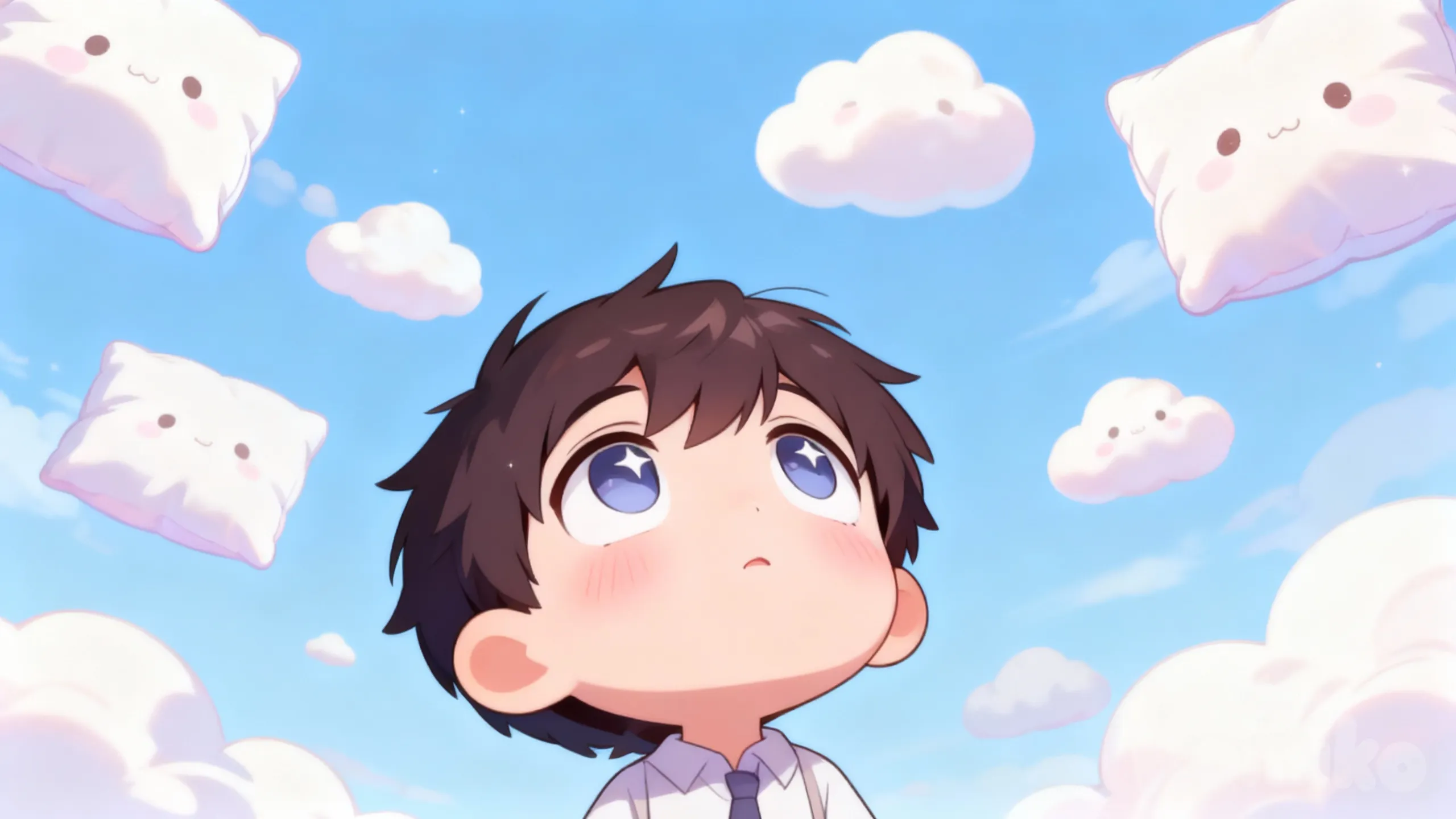 Anime chibi boy, looking upwards with awe and anticipation, wide sparkling eyes, slight blush. The scene is viewed from below. The sky above is filled with fluffy, cute clouds that whimsically resemble soft, pillowy shapes, creating a playful and gentle atmosphere. Pastel colors, soft lighting, high detail.