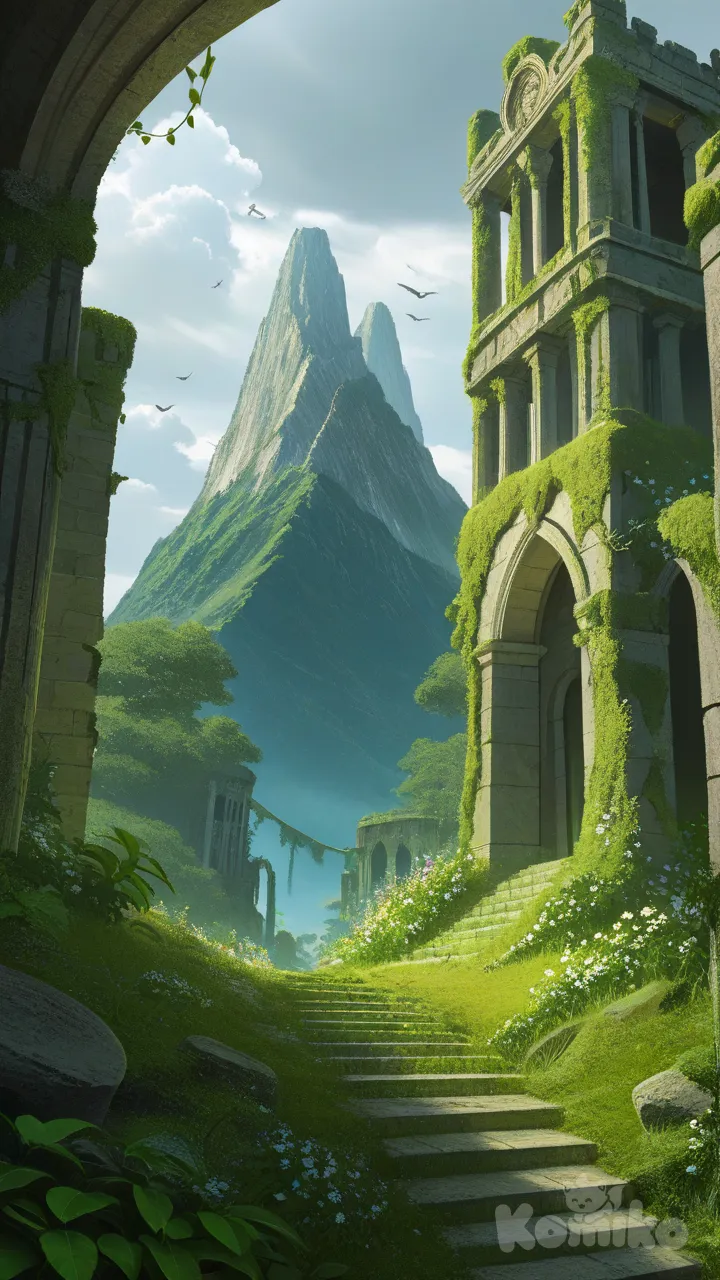 ancient palace in ruins, built on high mountains, monumental weathered stone architecture, cracked walls, broken columns, collapsed stairways, moss-covered surfaces, dense vegetation growing through the ruins, tall trees surrounding the palace, vines covering the walls, wild flowers in natural colors, rich mountain flora, wildlife inhabiting the area, birds flying around the ruins, small animals among the plants, natural and realistic environment, soft mountain light, light mist, cloudy sky, sense of abandonment and forgotten grandeur