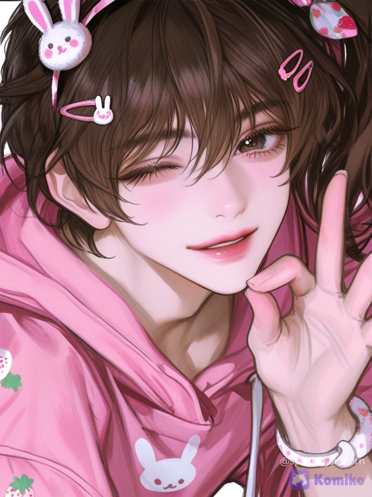 [semi-realistic-portrait-style], A man with shoulder-length brown hair tied in a small ponytail on the side, a strawberry-shaped rubber band, black eyes, long eyelashes, a masculine face shape, a masculine neck, a smile and a wink, a V-shaped gesture like a ghoul, big eyes, a pink hoodie with a rabbit and strawberry print, and a rabbit bracelet on the man's arm. He also has cute rabbit hairpins on his head., over-the-shoulder shot, studio lighting