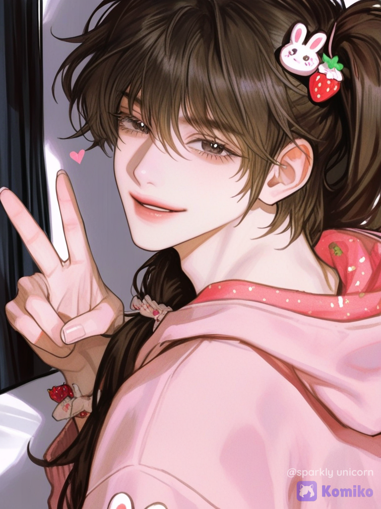 [semi-realistic-portrait-style], A man with shoulder-length brown hair tied in a small ponytail on the side, a strawberry-shaped rubber band, black eyes, long eyelashes, a masculine face shape, a masculine neck, a smile and a wink, a V-shaped gesture like a ghoul, big eyes, a pink hoodie with a rabbit and strawberry print, and a rabbit bracelet on the man's arm. He also has cute rabbit hairpins on his head., over-the-shoulder shot, studio lighting