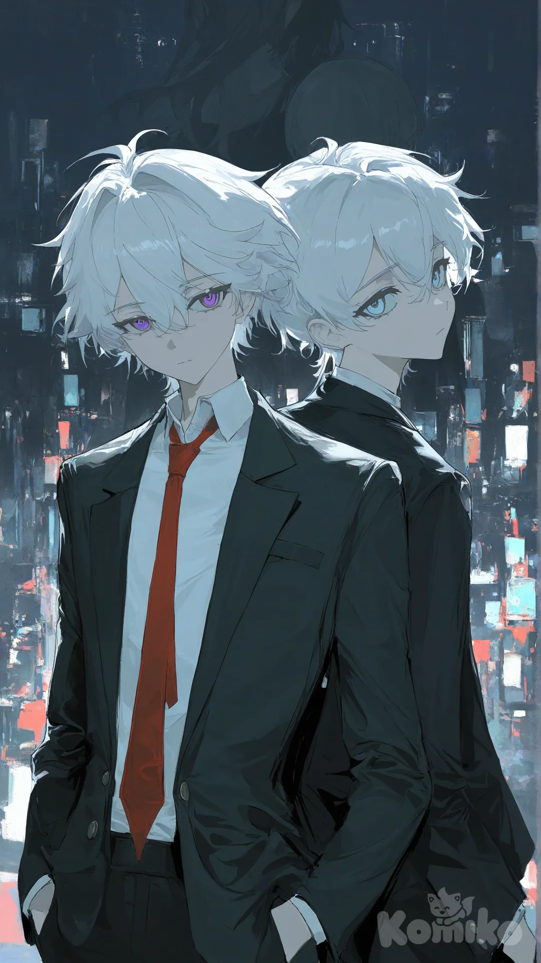 confident, young man, white hair, light blue eyes, wearing black suit, unbuttoned suit, red tie, waist up, dark city background, colorful lights,Comma Hair, urban atmosphere, hands in pockets, lineart, [desaturated-illustration-style] ,A young man with white hair, Comma Hair ,purple eyes, wearing a blue tie , 2boys, night, school uniform, expressionless, back to back, head tilt, looking back, painterly, soft shadow, upper body, cityscape