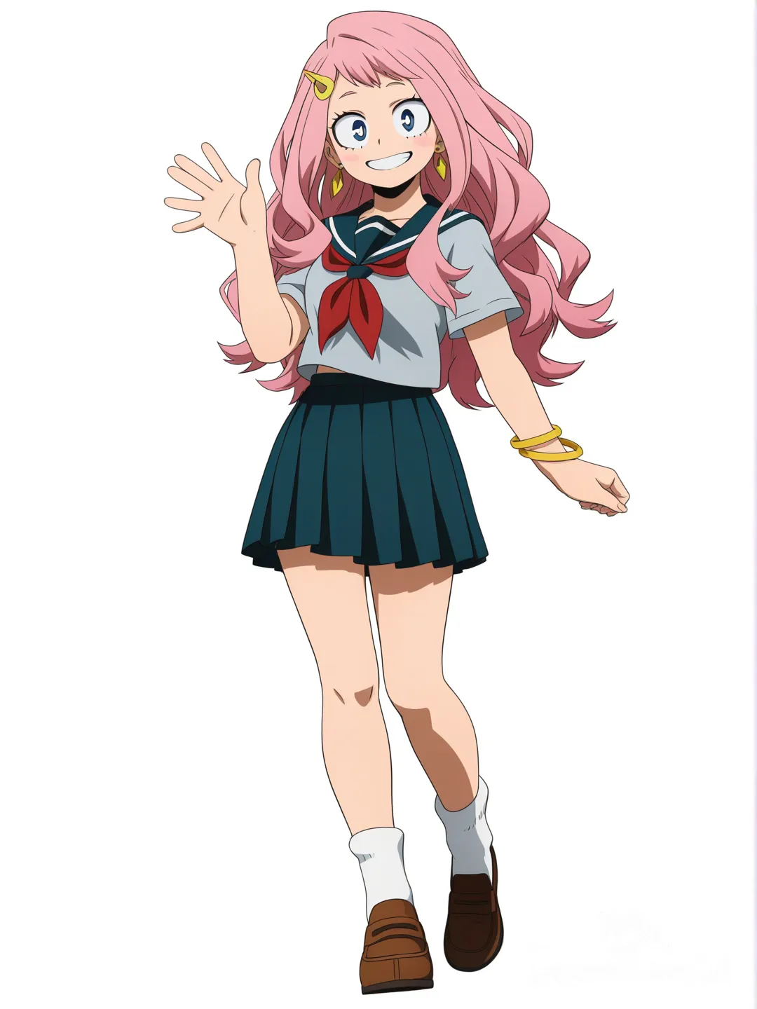 [pop-anime-style] 1girl, my_hero_academia, teenager, slim, pink_hair, long_hair, wavy_hair, blue_eyes, fair_skin, school_uniformn white, hairpin, earrings, bracelet, single character, full body, looking at viewer, anime style, white background, @amane-hiroki-mtOD, waving, glitter emoji accessories