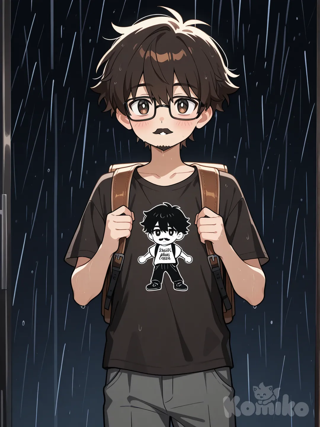 Anime-style male protagonist, young adult (20–25). Robust body build. Black short hair with volume on top, slightly messy. Round face, full black rectangular glasses. Soft, expressive anime eyes with dark brown irises. Short beard and mustache. Calm, kind expression. Wearing a simple dark T-shirt and casual pants. Full-body shot, carrying a backpack, walking home at night under light rain. Soft shading, clean lineart, same visual style as the girl character (consistent anime style).