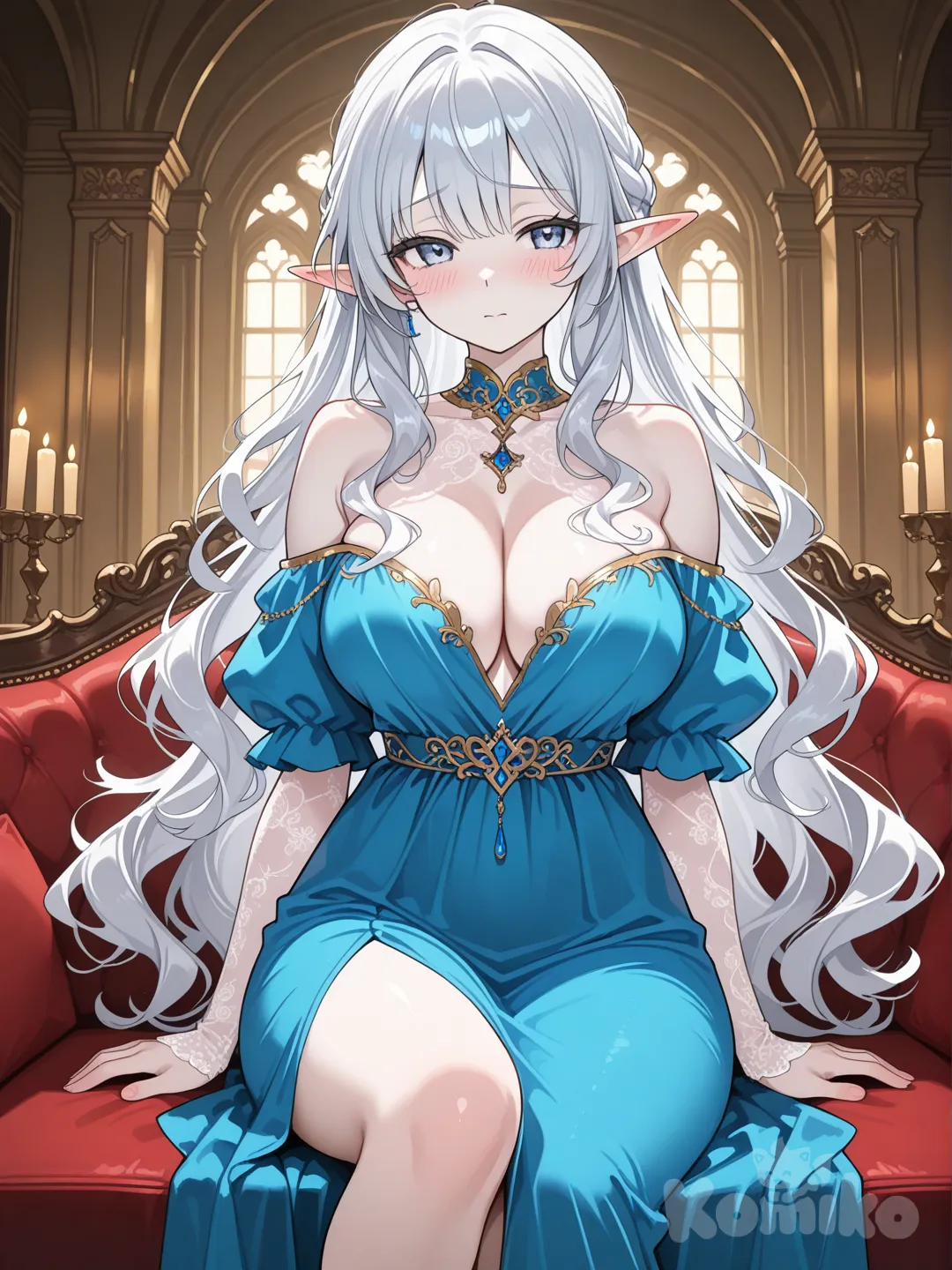 Beautiful elf, long, flowing silver hair in waves, pale skin, large breasts, pearly eyes, sexy, anatomy, dynamic lighting, beautiful face, light blue dress, off-the-shoulder palace, sitting in the royal dining room, shy, 2D anime