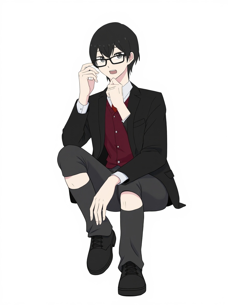 1boy, teenage boy, sitting in class, tall, black hair, listening to music, beautiful girl approaching, My Hero Academia style, original character in the world of My Hero Academia, single character, full body, looking at viewer, anime style, simple background, white background