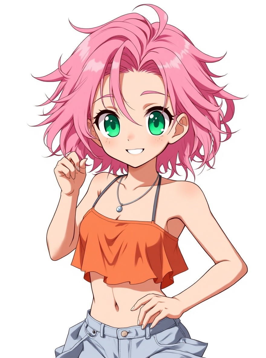 1girl, tall, athletic build, messy raven hair, piercing emerald eyes, charming smirk, fair skin, sharp jawline, confident posture, gentle hands, one piece style, mature, pink hair, short hair, bob cut, slim, curvy, single character, full body, looking at viewer, anime style, simple background, white background