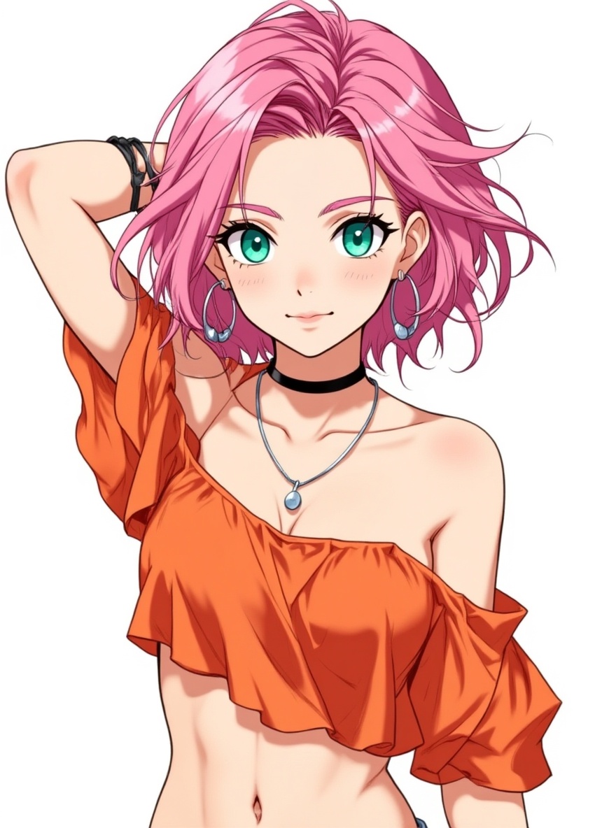 1girl, tall, athletic build, messy raven hair, piercing emerald eyes, charming smirk, fair skin, sharp jawline, confident posture, gentle hands, one piece style, mature, pink hair, short hair, bob cut, slim, curvy, single character, full body, looking at viewer, anime style, simple background, white background