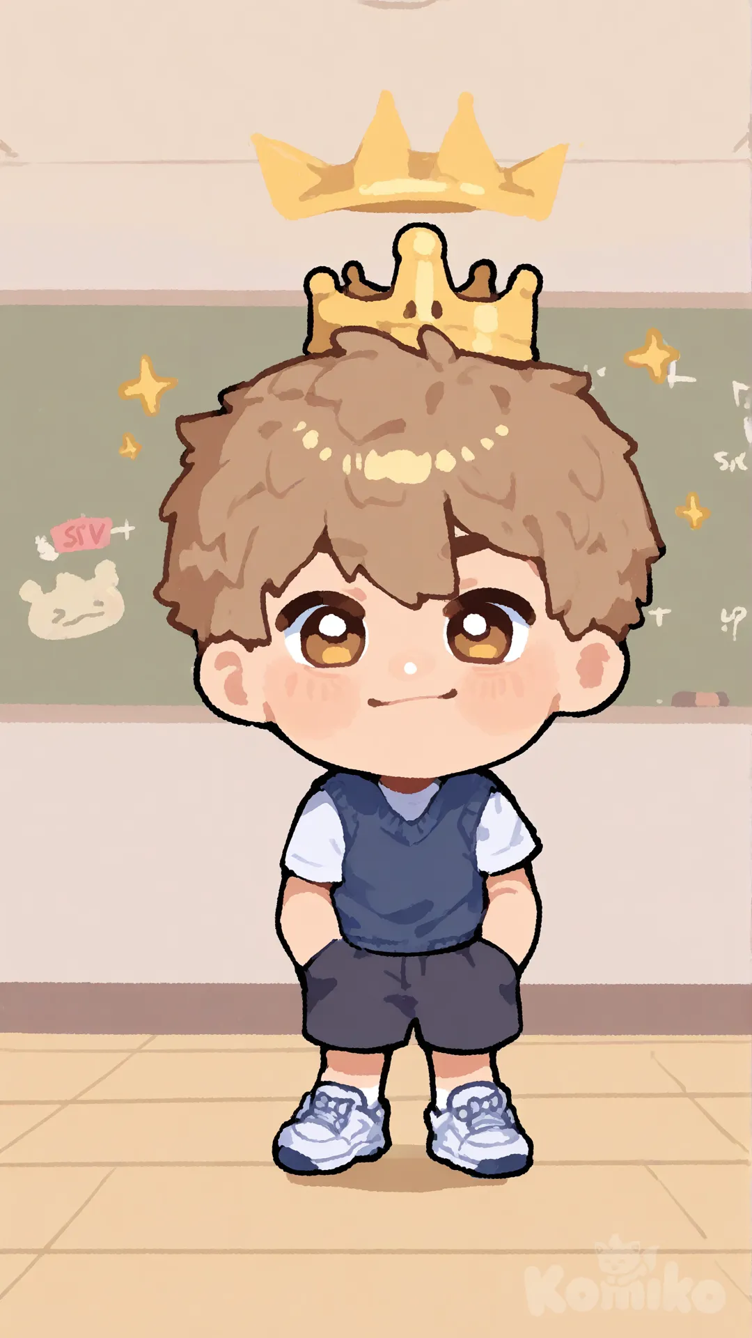 1boy, super happy, hands in pockets, t-shirt, school vest, full body, classroom, wearing kings crown, [mini-chibi-style]