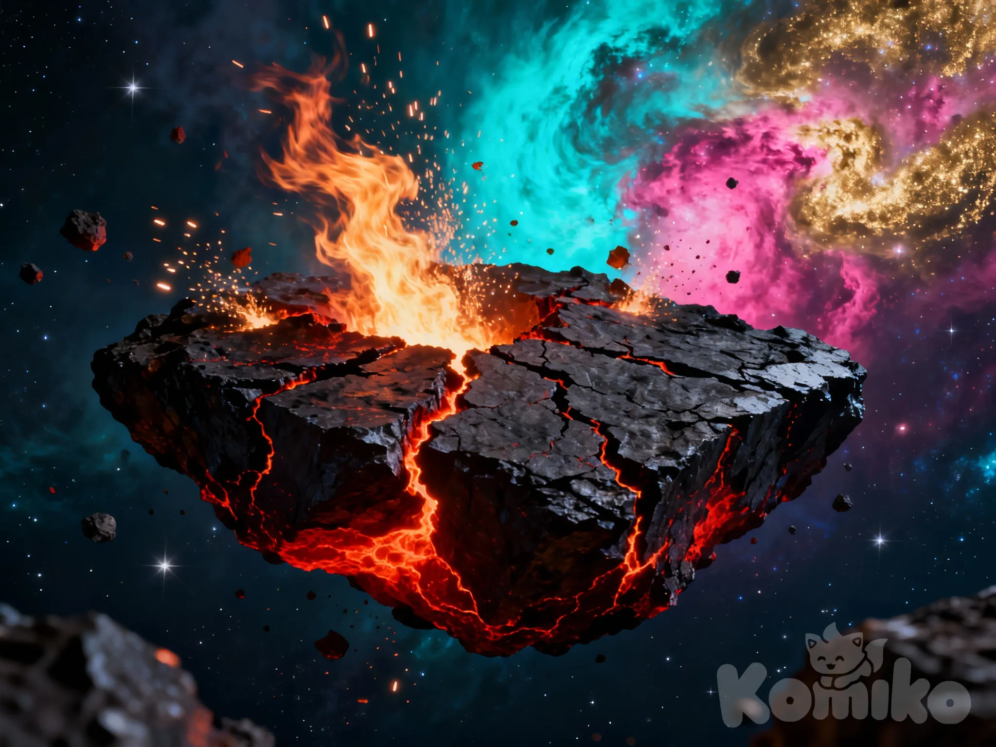 A giant irregular rock burning and crackling on fire in space in the middle of a bright nebula