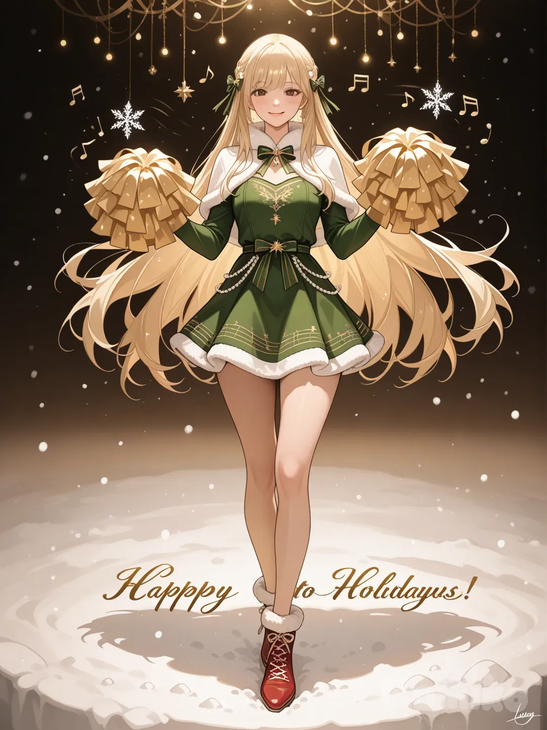 An ultra-photograph shows a full-length, athletic, beautiful, and slender 25-year-old woman with a realistic body. capturing a stunning woman stand with super-long, straight blonde hair Her brown eyes radiate confidence with a radiant smile a winter scene inspired in Christmas dressed in a white fur-trimmed mini dress with intricate lace details and a ribbon bow at the waist. Her hair is adorned with pearl strands and fluffy red pom-poms, adding a touch of whimsy. Holding a glowing snowflake in her hand, she exudes a sense of warmth and joy. The background features champagne gold fairy lights, snow-covered pine branches, and star-shaped ornaments, creating a festive atmosphere. A "Happy holidays" greeting, the artist's signature, and a tribute to the musical talent add an extra layer of charm to this visually stunning image. Su cabello luce liso y bien definido, con suaves notas musicales y el nombre "Luis Arcy" flotando suavemente alrededor de sus pies reflejando su pasión por la música y el arte.