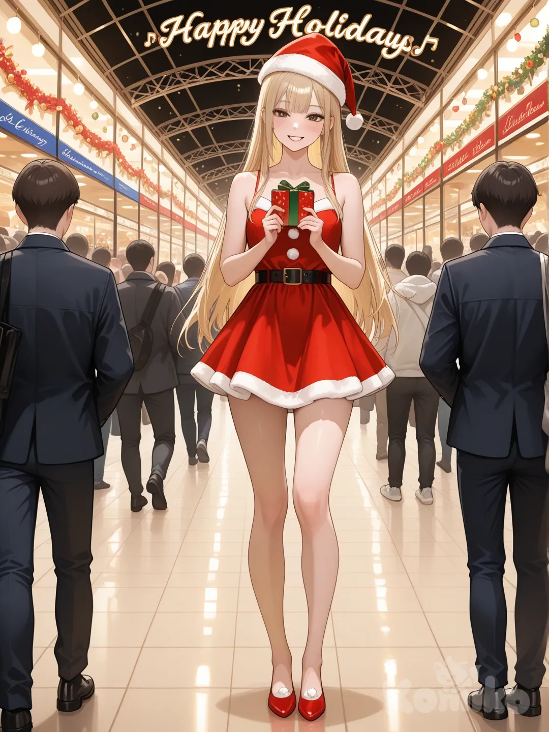 A highly photograph shows a 25-year-old woman, athletic, beautiful, and slender, in a full-body shot with a realistic figure. The image captures a stunning woman standing with super-long, straight blonde hair. Her brown eyes radiate confidence, and her radiant smile is reflected in a shopping mall decorated with Christmas motifs. The mall is bustling with activity and adorned with twinkling lights, colorful decorations, and a "Happy Holidays" greeting. In the center, a young blonde woman wearing a mini dress whimsical Santa hat and festive attire holds small gifts and Christmas accessories, adding a touch of whimsy to the lively scene. Her sleek, well-defined hair, with the name "Luis Arcy" floating delicately at her feet, reflects her passion for music and art and infuses a charming musical air into the festive Christmas atmosphere.
