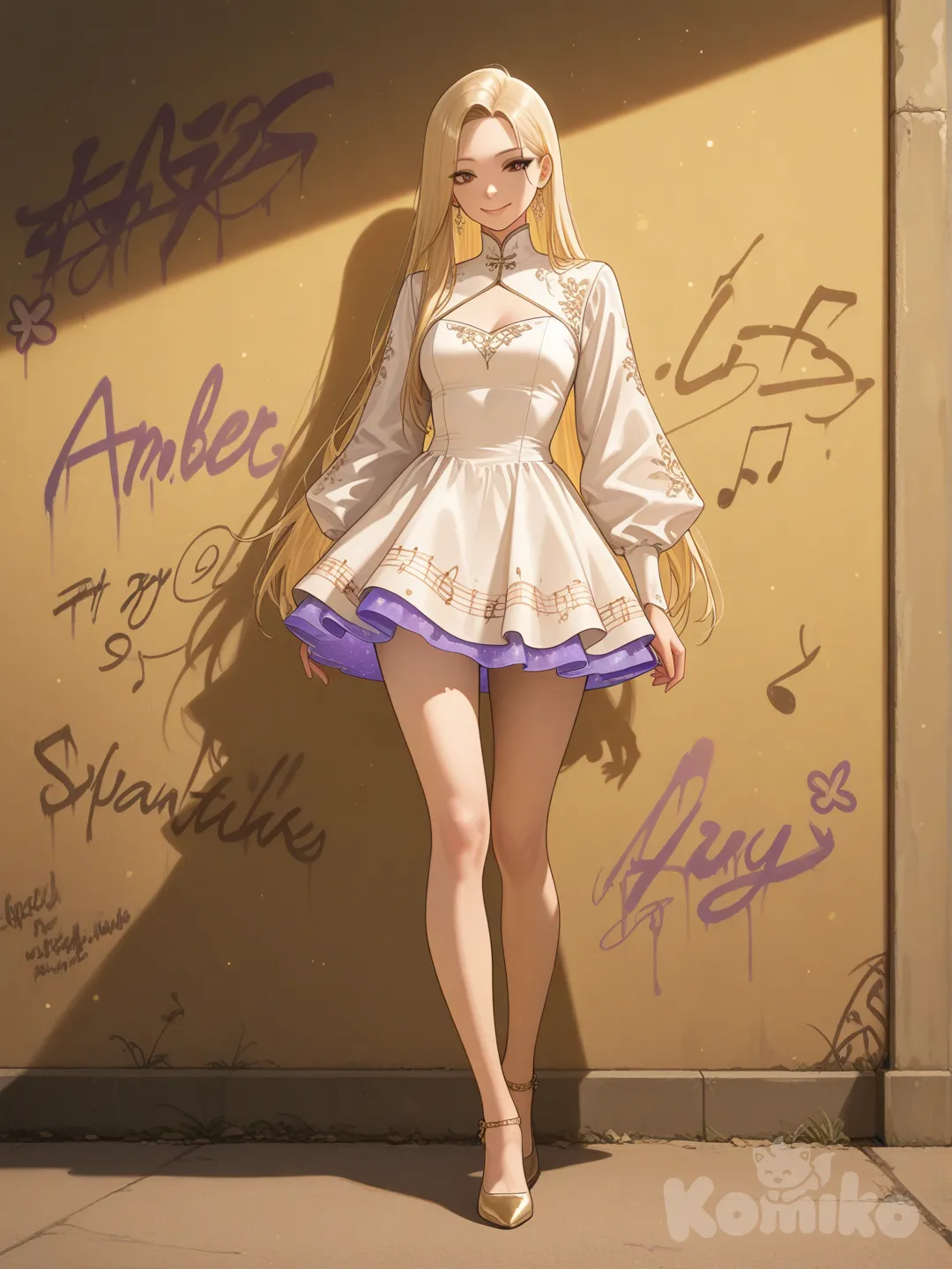 An ultra-photograph shows a full-length, athletic, beautiful, and slender 25-year-old woman with a realistic body. capturing a stunning woman stand with super-long, straight blonde hair Her brown eyes radiate confidence with a radiant smile set against a background of deep twilight tones. She elegantly wears a sexy and enchanting high-necked white minidress, adorned with delicate musical notes, enhanced by subtle makeup, all bathed in warm ambient lighting that enhances the textures of her dress and hair. The text "Luis Arcy" flows gracefully around her, lending an ethereal air to her presence, while the background features Japanese graffiti that reads " Arcy´s girl.The composition uses a shallow depth of field, focusing sharply on the woman, dominated by golds, ambers, and deep purples, further enhancing the dreamlike and captivating nature of the scene.