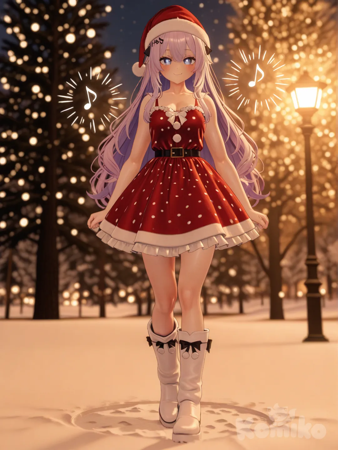 A photograph in the style of Annie Leibovitz depicts a full-length view of a striking 25-year-old woman, her athletic and slender physique accentuated by a playful red polka-dotted dress and fluffy white boots, embodying a whimsical holiday spirit. Her super-long, straight purple hair cascades around her, framing captivating blue eyes that sparkle with confidence and a radiant smile, while a festive Santa Claus hat adds a touch of cheer. Soft musical notes and the name "Luis Arcy" gently float around her feet, shimmering subtly and reflecting a harmonious atmosphere, all bathed in the warm glow of diffused golden light against a backdrop of softly blurred, snow-dusted evergreens. The overall scene evokes a feeling of artistic flair and joyous celebration, meticulously capturing the beauty and vibrancy of the moment., [3d-anime-style]
