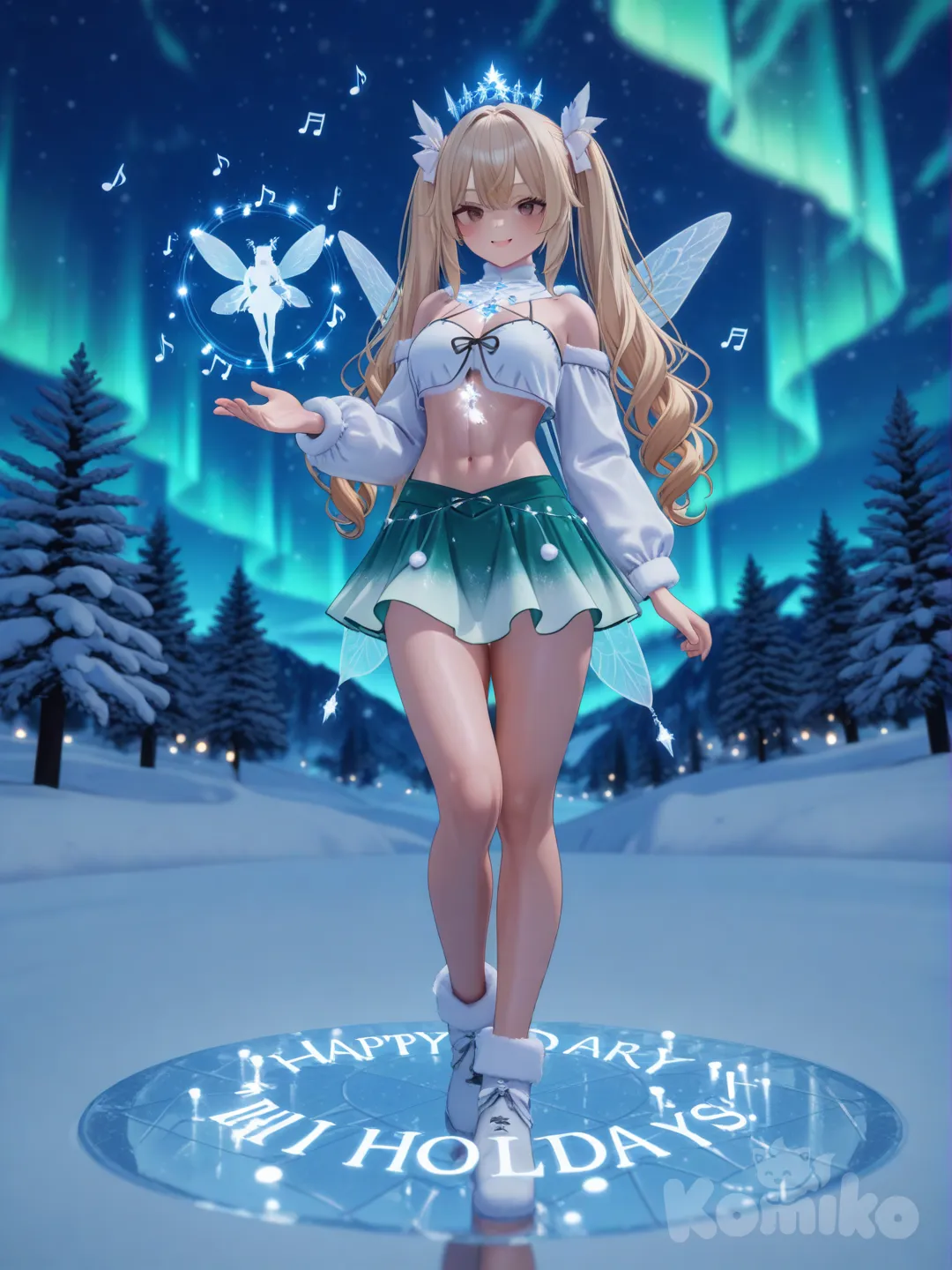 A highly photograph depicts a beautiful, realistic, full-body portrait of a 25-year-old athletic woman. Her long, vibrant blonde hair is styled in pigtails. Her brown eyes radiate confidence, and she wears a radiant smile. She sports a shimmering outfit, including a white and green miniskirt, standing in a winter wonderland adorned with snow-covered trees and twinkling lights. The sky is illuminated by the Northern Lights. The background features the phrase "Happy Holidays." The artwork has a resin-glass effect that adds depth to the image. The background accentuates the woman's silhouette. Her hair appears sleek and well-defined, with soft musical notes and the name "Luis Arcy" gently floating around her feet., [3d-anime-style]
