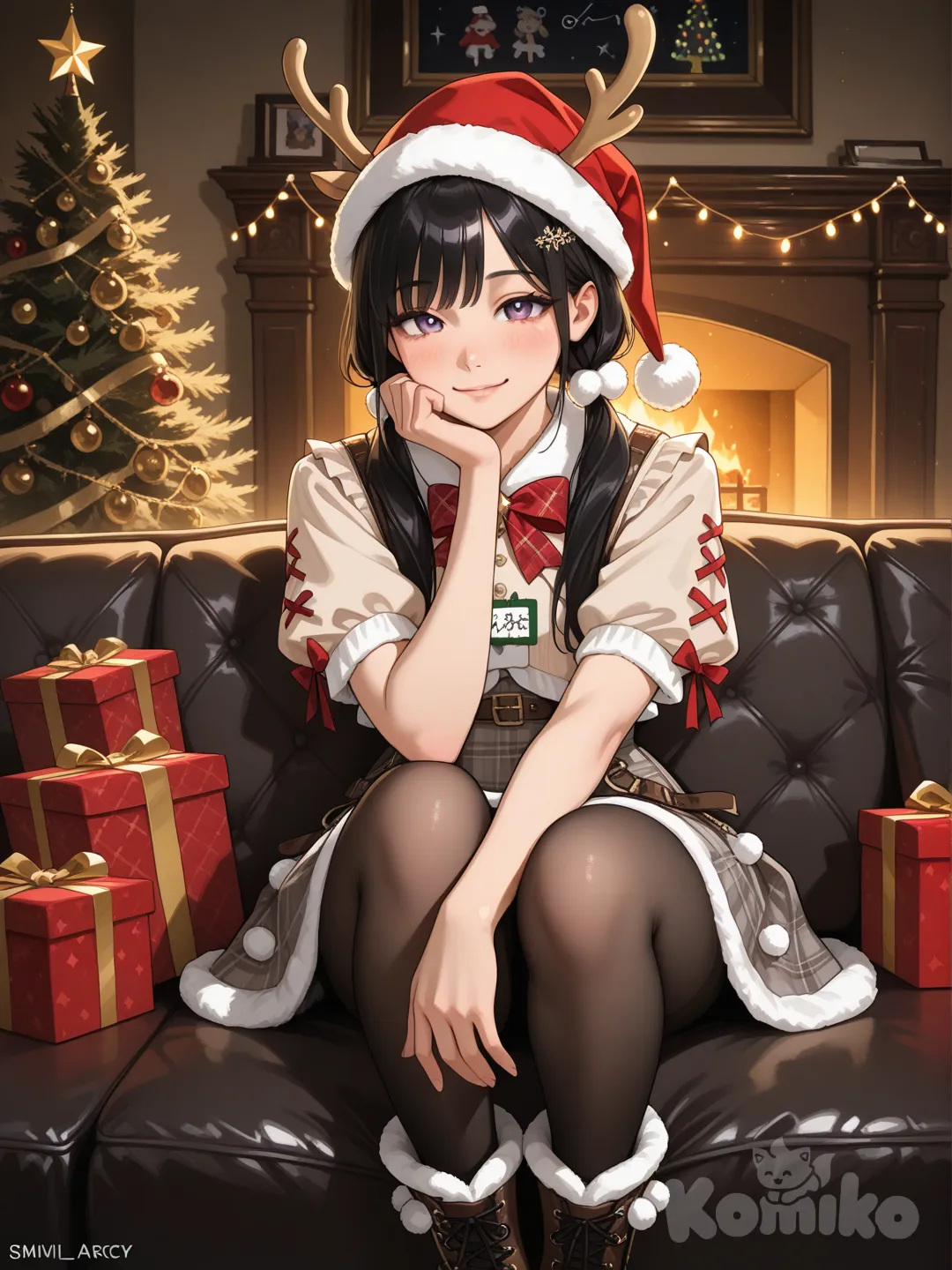 A portrait photograph of a cute young Japanese woman in an elaborate reindeer-inspired Christmas outfit, sitting sideways on a dark velvet sofa in a warmly lit lounge. She has long straight dark hair styled in low twin ponytails with soft bangs, wearing a whimsical headpiece combining small reindeer antlers, a red plaid bow, and a flowing Santa hat with a fluffy white pom-pom, paired with a cropped beige puff-sleeve blouse featuring delicate lace panels and faux-fur trim, cinched by brown leather harness straps over a high-waisted brown-and-gray plaid tiered mini skirt with wide white fur ruffles. Her pose is graceful with one hand lifted near her chin and the other resting on the sofa, knees angled to one side, wearing sheer tights and sleek dark ankle boots, gazing at the camera with a gentle, cheerful smile. Behind her, a magnificent Christmas tree glows with warm fairy lights and colorful ornaments, surrounded by wrapped presents and cozy holiday decorations, floating musical notes and the ethereal name "Luis Arcy" subtly shimmering around her feet, all bathed in a warm, inviting glow that highlights her features.