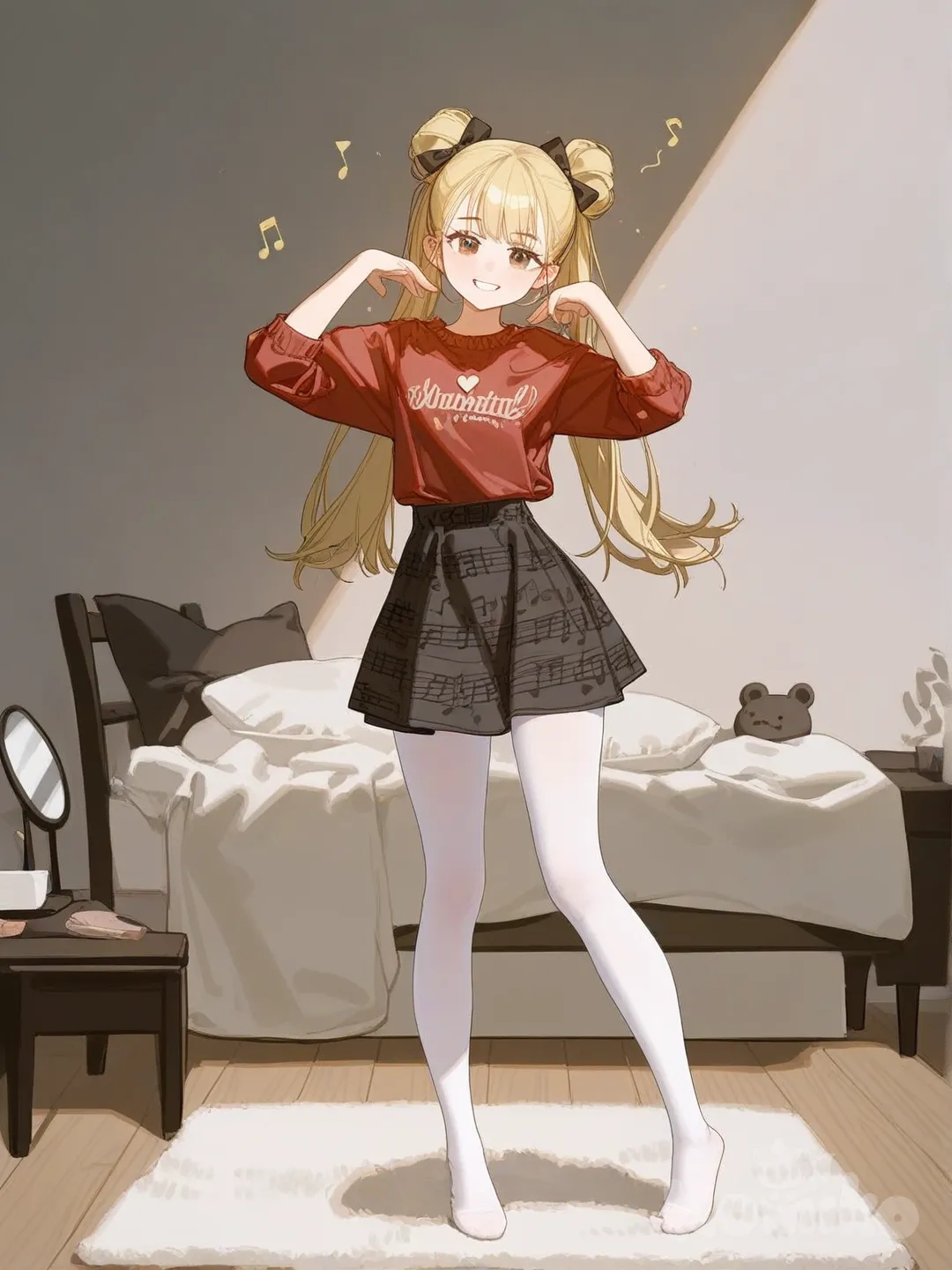 An ultra-photograph shows a full-length, athletic, beautiful, and slender 25-year-old woman with a realistic body. She wears long, vibrant blonde hair in pigtails. Her brown eyes radiate confidence with a radiant smile She dons a red blouse embellished with ribbon bows and treble clef embroidery, paired with a high-waisted miniskirt and ankle-length tights featuring heart-shaped cutouts. Her blonde hair is styled in two buns, and her makeup is bold, featuring eyeliner, shimmer on her cheeks, and a peachy lip gloss. She playfully poses with her hands raised at shoulder height, surrounded by a cozy, whimsical atmosphere enhanced by a vanity mirror, plush rug, scattered cushions, and fairy lights adorning the walls Su cabello luce liso y bien definido, con suaves notas musicales y el nombre "Luis Arcy" flotando suavemente alrededor de sus pies reflejando su pasión por la música y el arte., [lacquered-illustration-style]