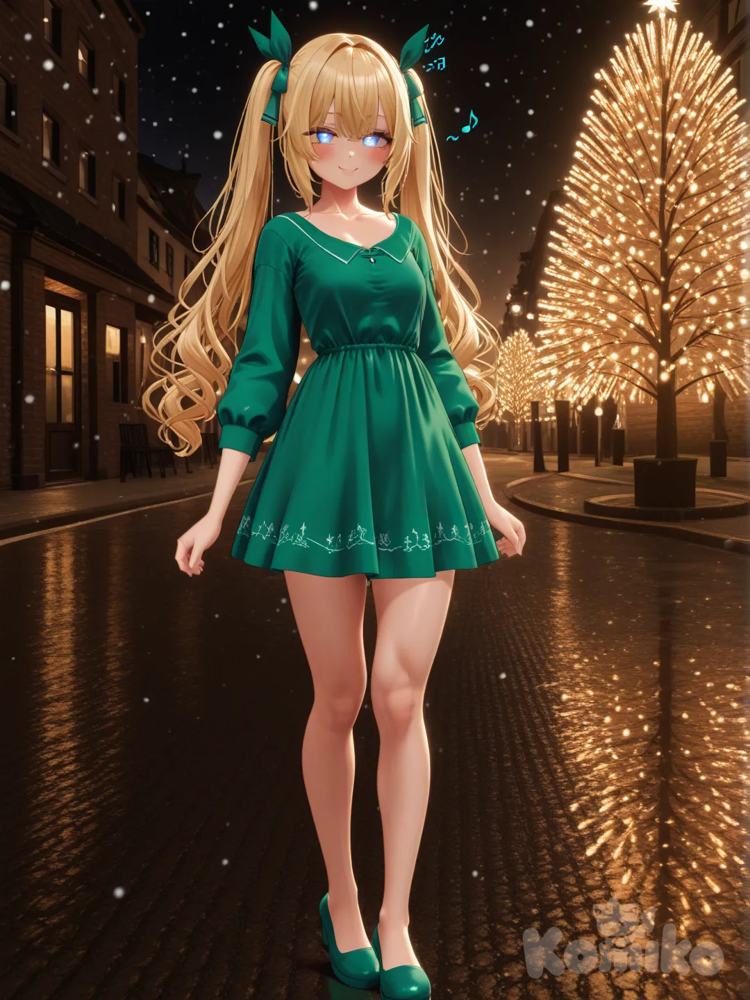 An ultra-photograph shows a full-length athletic young woman de 25 años, hermosa, con un cuerpo realista. with long, vibrant blonde hair in pigtails. Her brown eyes radiate confidence with a radiant smile exudes an irresistible presence. Her long, wavy hair boasts blonde highlights, accentuating her mesmerizing blue eyes. Dressed in a fitted green neon shirt dress, the text "Arcy's girl" is elegantly written in black lettering above a vibrant heart, adding a touch of personal flair. The city street behind her is illuminated by twinkling Christmas lights, snowflakes, and festive decorations, creating a warm and inviting atmosphere. The golden light envelops the scene, evoking a sense of serenity and joy, Su cabello luce liso y bien definido, con suaves notas musicales y el nombre "Luis Arcy" flotando suavemente alrededor de sus pies reflejando su pasión por la música y el arte., [3d-anime-style]