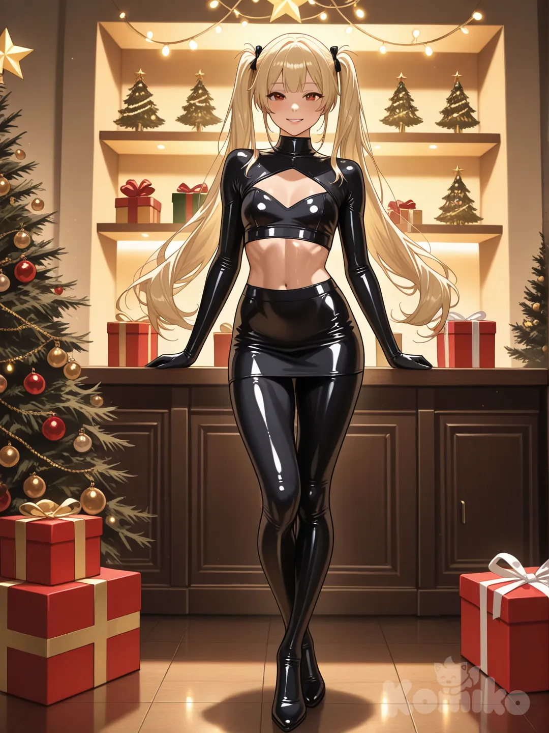 An ultra-photograph shows a full-length athletic young woman de 25 años, hermosa, con un cuerpo realista. with long, vibrant blonde hair in pigtails. Her brown eyes radiate confidence with a radiant smile a dimly lit, smoky bar scene bathed in warm, golden light, establishing a captivating atmosphere. A strikingly beautiful young woman with flowing blonde straight hair and subtle highlights is elegantly posed, adorned in a sleek, black latex body suit with a miniskirt, drawing the viewer’s gazeThe background showcases a beautifully decorated Christmas tree, adorned with shimmering ornaments and wrapped in intricate lights. Surrounding the tree are exquisitely wrapped Christmas gifts, and the festive atmosphere is enhanced by a dazzling array of decorations. The overall ambiance of the scene is enchanting and magical, evoking a sense of wonder and joy. Su cabello luce liso y bien definido, con suaves notas musicales y el nombre "Luis Arcy" flotando suavemente alrededor de sus pies reflejando su pasión por la música y el arte.