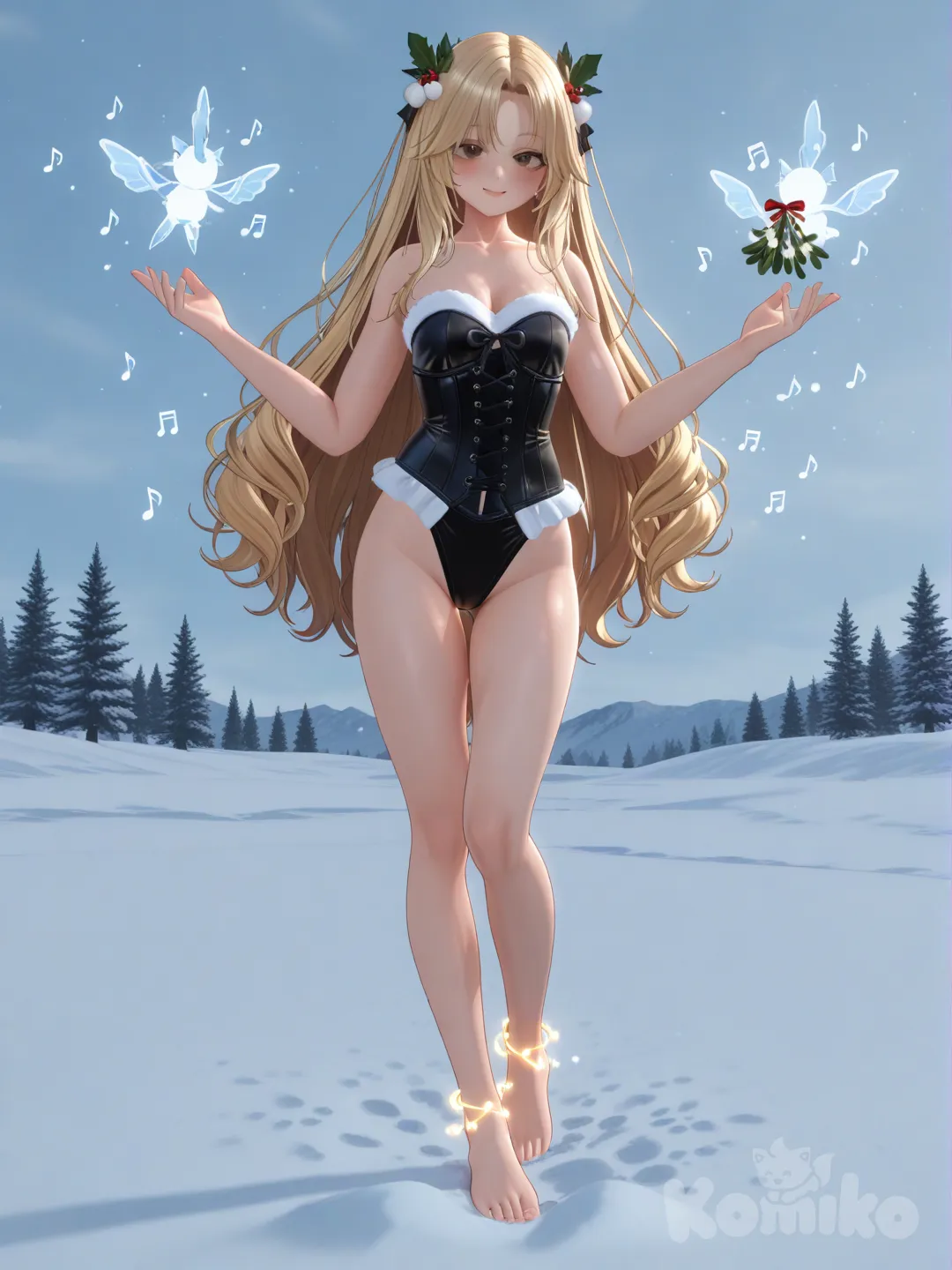 An ultra-photograph shows a full-length, athletic, beautiful, and slender 25-year-old woman with a realistic body. capturing a stunning woman stand with super-long, straight blonde hair Her brown eyes radiate confidence with a radiant smile standing elegantly in a serene winter landscape. She is dressed in a sultry corset with black and yellow detailing, accentuating her divine beauty. Surrounding her, twinkling lights cast a magical glow on the snowy scene, while mistletoe hangs nearby, hinting at the promise of love. Su cabello luce liso y bien definido, con suaves notas musicales y el nombre "Luis Arcy" flotando suavemente alrededor de sus pies reflejando su pasión por la música y el arte.This stunning portrait captures the essence of fashion, poster-worthy photography, and an ethereal connection to the arts., [3d-anime-style]