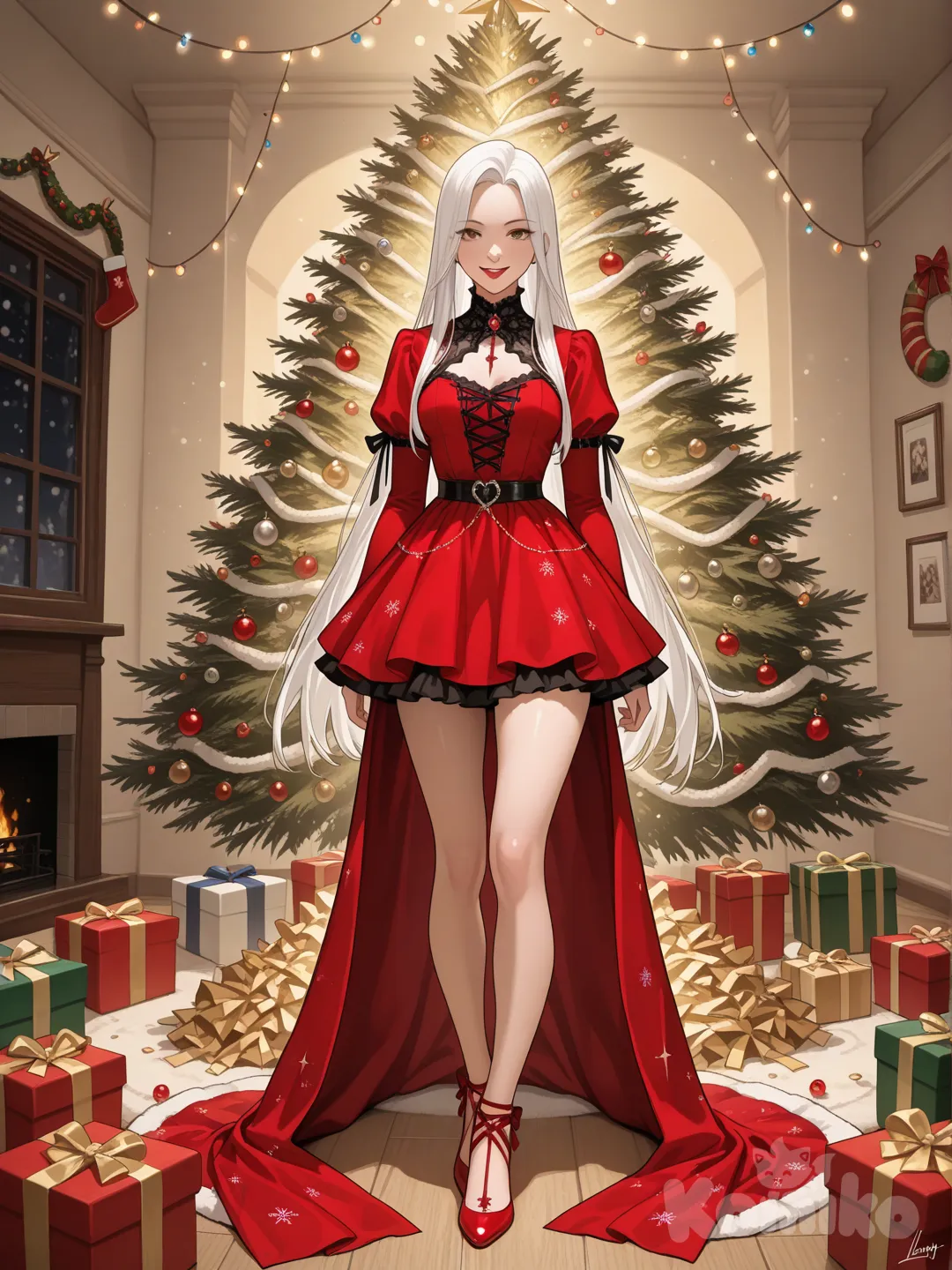 An ultra-photograph shows a full-length, athletic, beautiful, and slender 25-year-old woman with a realistic body. capturing a stunning woman standing with super long, straight white hair. Her brown eyes radiate confidence with a radiant smile with pure white hair, surrounded by gently floating snow. Her striking blood-red lips are curved into a captivating smile, and the edge of a gothic-style black and red mini dress is visible. The background showcases a beautifully decorated Christmas tree, adorned with shimmering ornaments and wrapped in intricate lights. Surrounding the tree are exquisitely wrapped Christmas gifts, and the festive atmosphere is enhanced by a dazzling array of decorations. The overall ambiance of the scene is enchanting and magical, evoking a sense of wonder and joy. Su cabello luce liso y bien definido, con suaves notas musicales y el nombre "Luis Arcy" flotando suavemente alrededor de sus pies reflejando su pasión por la música y el arte.