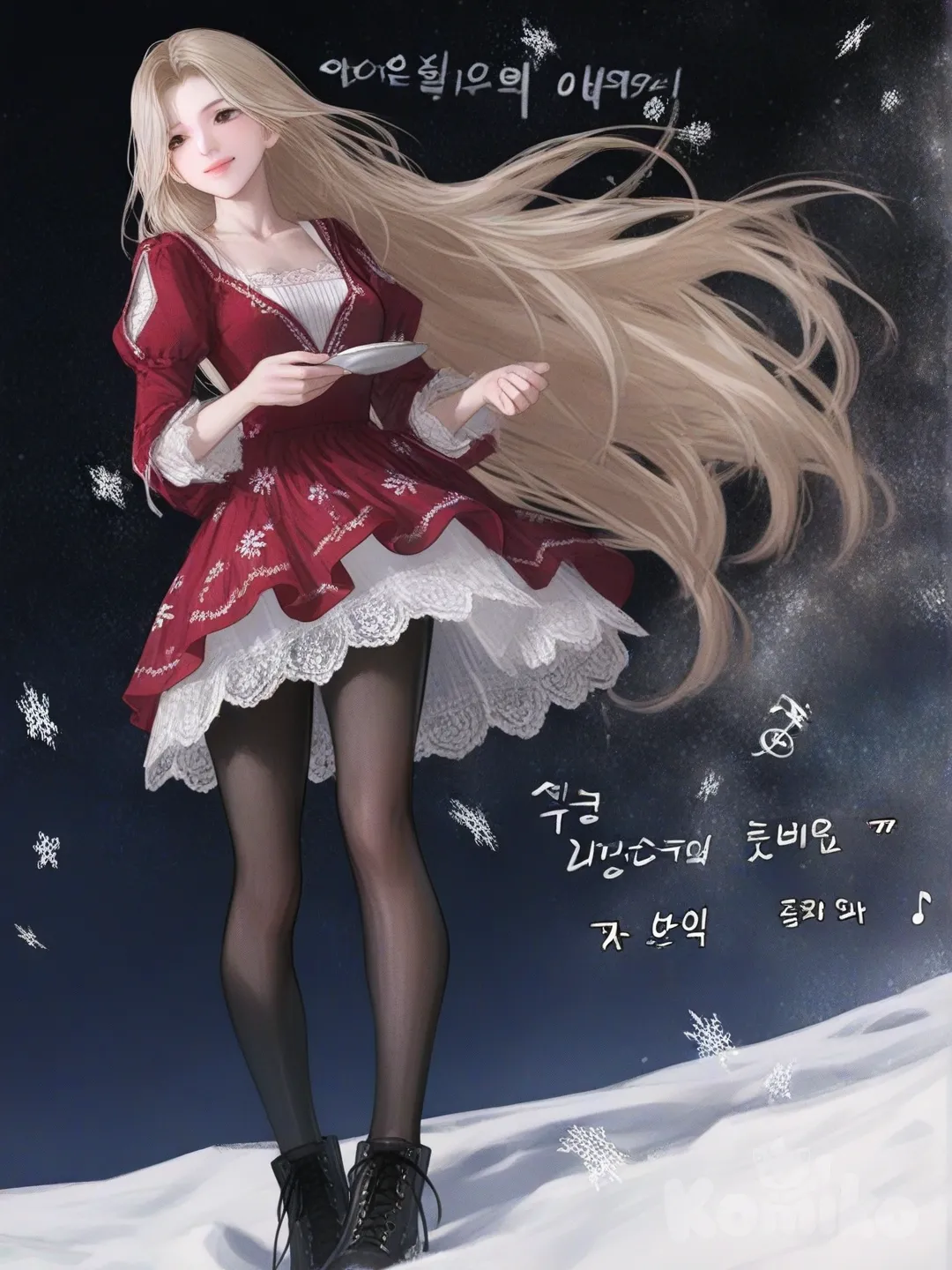 An ultra-photograph shows a full-length, athletic, beautiful, and slender 25-year-old woman with a realistic body. capturing a stunning woman stand with super-long, straight blonde hair Her brown eyes radiate confidence with a radiant smile e is wearing an elegant blue ligth mini dress with a sweetheart neckline and a lace-up back. The mini dress has a high-low hemline with a red and black pattern. The woman is wearing stockings that cover her entire leg, made of transparent lace with delicate floral details. adorned with glittering snowflakes. The background is a dark, snowy landscape illuminated by the lights of the stars. Su cabello luce liso y bien definido, con suaves notas musicales y el nombre "Luis Arcy" flotando suavemente alrededor de sus pies reflejando su pasión por la música y el arte., [semi-realistic-portrait-style]