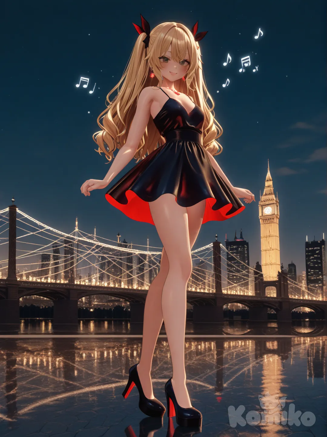 An ultra-photograph shows a full-length athletic young woman de 25 años, hermosa, con un cuerpo realista. with long, vibrant blonde hair in pigtails. Her brown eyes radiate confidence with a radiant smile with long flowing hair stands elegantly on London's Tower Bridge at midnight, wearing a short, tight, blood-red black minidress and matching red heels. Her blue eyes sparkle with a sophisticated air, reflecting the soft light of the illuminated city skyline behind her. Exquisite ruby jewels adorn her, reflecting the warm tones of the night lights. El fondo realza la silueta de la mujer. Su cabello luce liso y bien definido, con suaves notas musicales y el nombre "Luis Arcy" flotando suavemente alrededor de sus pies., [3d-anime-style]
