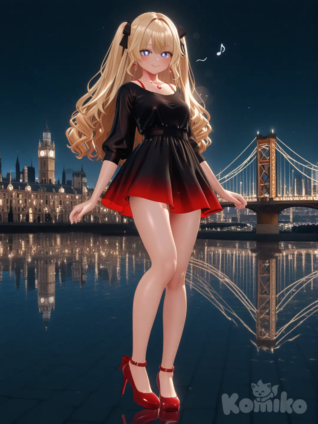 An ultra-photograph shows a full-length athletic young woman de 25 años, hermosa, con un cuerpo realista. with long, vibrant blonde hair in pigtails. Her brown eyes radiate confidence with a radiant smile with long flowing hair stands elegantly on London's Tower Bridge at midnight, wearing a short, tight, blood-red black minidress and matching red heels. Her blue eyes sparkle with a sophisticated air, reflecting the soft light of the illuminated city skyline behind her. Exquisite ruby jewels adorn her, reflecting the warm tones of the night lights. El fondo realza la silueta de la mujer. Su cabello luce liso y bien definido, con suaves notas musicales y el nombre "Luis Arcy" flotando suavemente alrededor de sus pies., [3d-anime-style]
