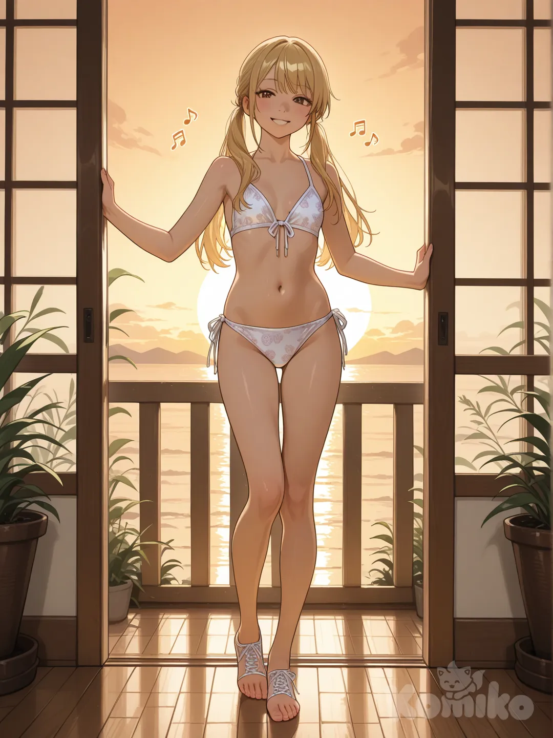 An ultra-photograph shows a full-length athletic young woman de 25 años, hermosa, con un cuerpo realista. with long, vibrant blonde hair in pigtails. Her brown eyes radiate confidence with a radiant smile in a white two-piece swimsuit adorned with red hearts and a lace-up top, standing gracefully between open French doors in a vacation bungalow at sunset. The background showcases a wooden fence and lush greenery bathed in warm, golden hues, creating a serene and inviting atmosphere. El fondo realza la silueta de la mujer. Su cabello luce liso y bien definido, con suaves notas musicales y el nombre "Luis Arcy" flotando suavemente alrededor de sus pies. . Soft, glowing light casts gentle shadows, highlighting the intricate details of her swimsuit and the tranquil environment.