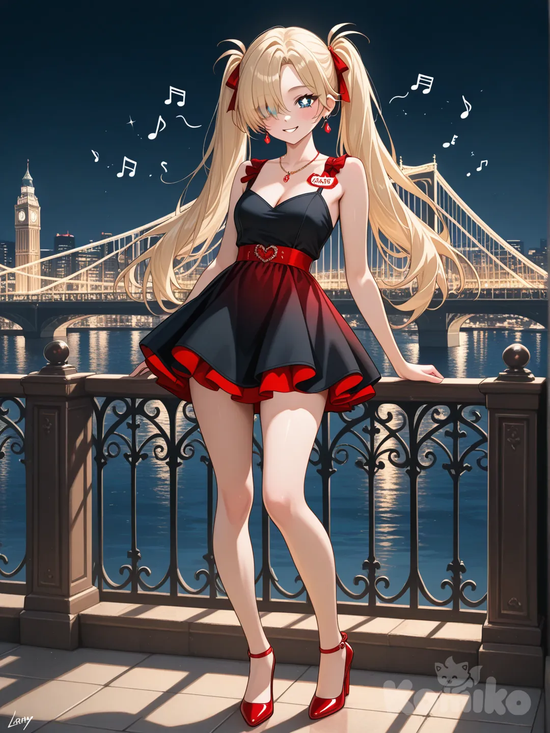 An ultra-photograph shows a full-length athletic young woman de 25 años, hermosa, con un cuerpo realista. with long, vibrant blonde hair in pigtails. Her brown eyes radiate confidence with a radiant smile with long flowing hair stands elegantly on London's Tower Bridge at midnight, wearing a short, tight, blood-red black minidress and matching red heels. Her blue eyes sparkle with a sophisticated air, reflecting the soft light of the illuminated city skyline behind her. Exquisite ruby jewels adorn her, reflecting the warm tones of the night lights. El fondo realza la silueta de la mujer. Su cabello luce liso y bien definido, con suaves notas musicales y el nombre "Luis Arcy" flotando suavemente alrededor de sus pies.