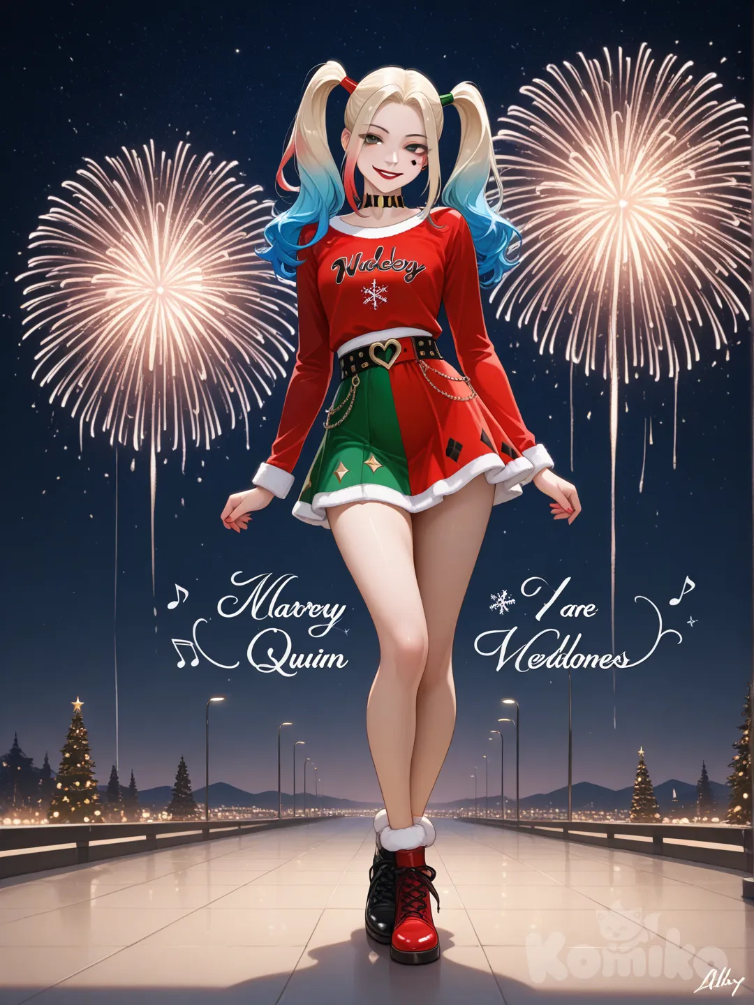 An ultra-photograph shows a full-length athletic young woman de 25 años, hermosa, con un cuerpo realista. with long, vibrant blonde hair in pigtails. Her brown eyes radiate confidence with a radiant smile She embodies a modern Harley Quinn interpretation, wearing a meticulously costume in scarlet and onyx tones with her signature short skirt, exuding playful rebellion and allure. Subtly luminous, ethereal musical notes drift gently around her silhouette, El fondo realza la silueta de la mujer. Su cabello luce liso y bien definido, con suaves notas musicales y el nombre "Luis Arcy" flotando suavemente alrededor de ella. reflecting her passion for music and art. The magical backdrop features colored lights, fireworks, festive stars, delicate snowflakes, and mistletoe against a striking starry sky, creating an enchanting Christmas atmosphere filled with playful flirtation and holiday wonder.