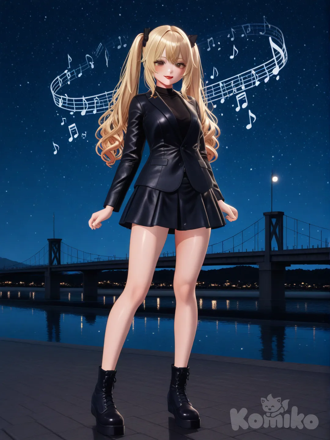 An photograph shows a full-length athletic young woman de 25 años, hermosa, con un cuerpo realista. with long, vibrant blonde hair in pigtails. Her brown eyes radiate confidence with a radiant smile de frente a la cámara, cabello dorado y ropa moderna. labios rojos y viste un impresionante traje con minifalda brillante con detalles intrincados. El fondo muestra un puente en una noche estrellada. Es una mezcla cautivadora de realismo y fantasía, perfecta para un póster o una sesión de fotos de alta costura El fondo realza la silueta de la mujer. Su cabello luce liso y bien definido, con suaves notas musicales y el nombre "Luis Arcy" flotando suavemente alrededor de ella., [3d-anime-style]