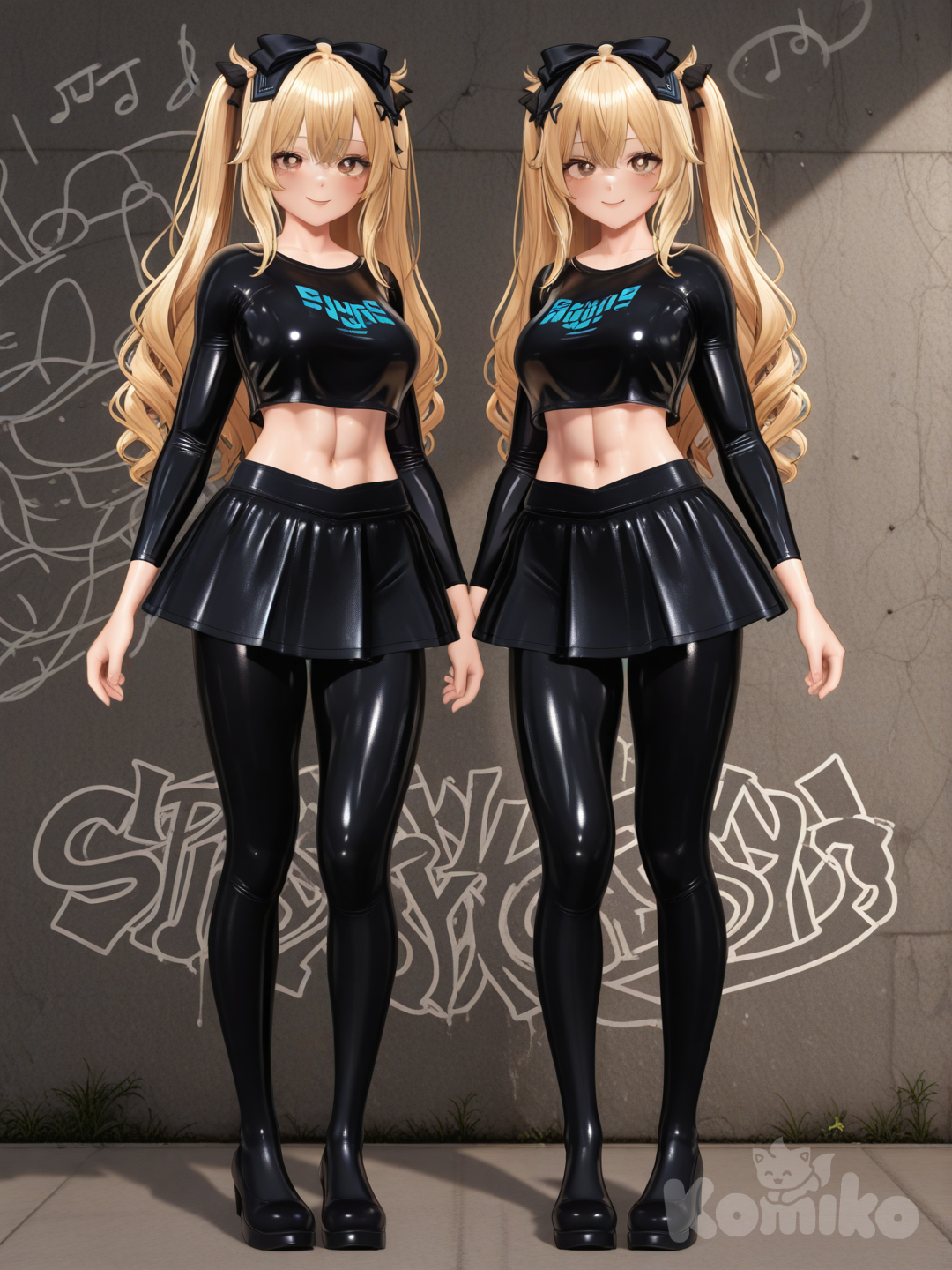 An ultra-photograph shows a full-length athletic young woman de 25 años, hermosa, con un cuerpo realista. with long, vibrant blonde hair in pigtails. Her brown eyes radiate confidence with a radiant smile in a sleek black latex top and a daringly short black miniskirt, her long, black hair playfully styled in pigtails, vibrant and secured with shiny bows. Her warm, brown eyes sparkle against a backdrop of urban artistry, showcasing graffiti that reads "Arcy`s girl," subtly highlighting her silhouette as the focal point. El fondo realza la silueta de la mujer. Su cabello luce liso y bien definido, con suaves notas musicales y el nombre "Luis Arcy" flotando suavemente alrededor de ella., [3d-anime-style]