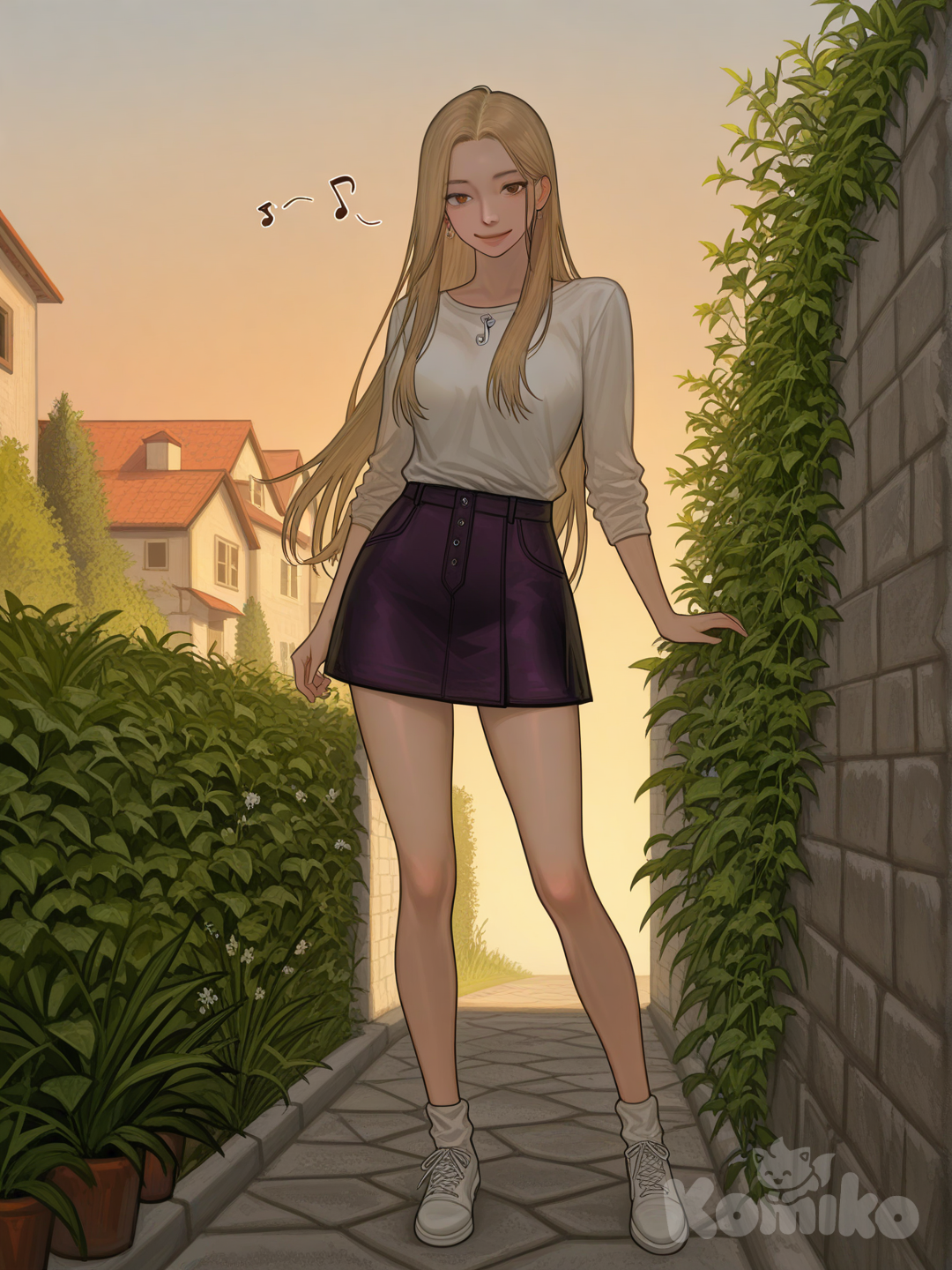 An ultra-detailed photograph shows a full-length, athletic, beautiful, and slender 25-year-old woman with a realistic body. capturing a stunning woman stand with super-long, straight blonde hair Her brown eyes radiate confidence with a radiant smile She is elegantly attired in a dark purple miniskirt and a pristine white blouse, the scene bathed in the honeyed light of a setting sun over a picturesque Italian village, lush greenery framing the charming architecture. Floating gently above her head is a delicate treble clef intricately entwined with the name "Luis Arcy," a subtle artistic flourish against the warm, inviting glow, creating a captivating and enchanting tableau. The background shows an ancient stone wall, covered in ivy, partially obscuring the view of rolling hills beyond. El fondo realza la silueta de la mujer. Su cabello luce liso y bien definido, con suaves notas musicales y el nombre "Luis Arcy" flotando suavemente alrededor de ella.