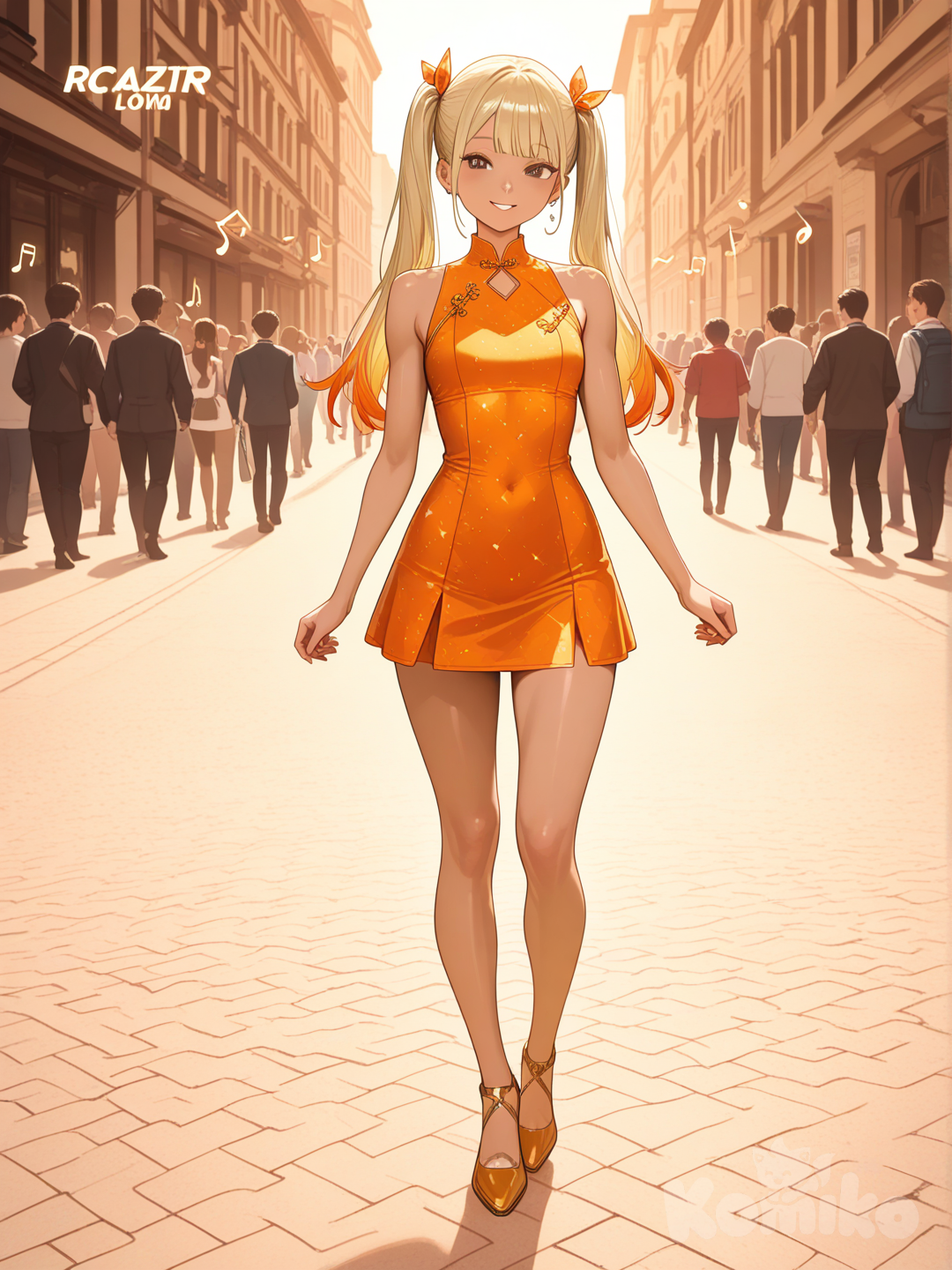 The photo depicts a full-length, athletic young woman with long, vibrant blonde hair tied back in pigtails. Her brown eyes radiate confidence with a radiant smile, wavy brown hair stands confidently in a sleek, tight, bright orange mini dress adorned with vibrant futuristic prints. Su cabello luce liso y bien definido, con suaves notas musicales y el nombre "Luis Arcy" flotando suavemente alrededor de sus pies. Warm golden hues bathe the scene, casting a soft glow that enhances her presence against a backdrop of people walking.