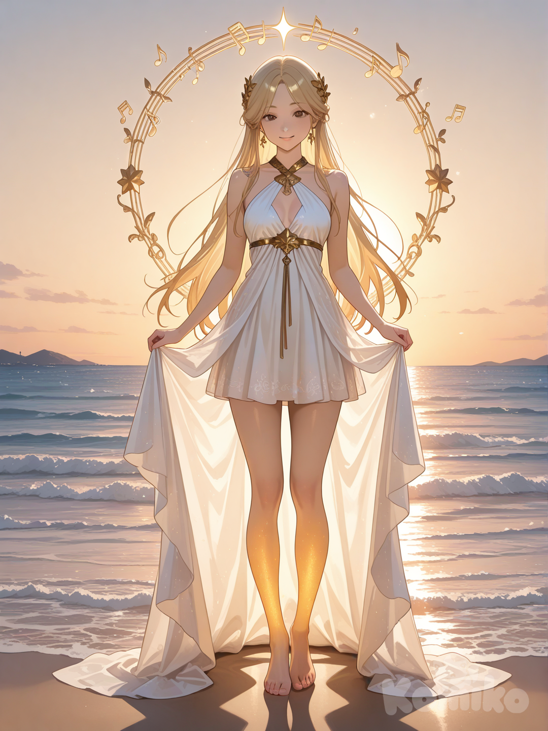 An ultra-detailed photograph shows a full-length, athletic, beautiful, and slender 25-year-old woman with a realistic body. capturing a stunning woman stand with super-long, straight blonde hair Her brown eyes radiate confidence with a radiant smile standing gracefully on a sandy beach. Her perfect figure and stunning curly brown hair frame her large, bright brown eyes, which gaze confidently at the viewer. She wears a shimmering white minidress. The soft sunlight illuminates her skin, casting a warm glow that accentuates her magnetic presence and alluring charm. The beach is dotted with shells, adding a touch of natural beauty to the scene. musical notes and the elegant text "Luis Arcy" float gently at her feet, adding a sophisticated and whimsical touch to this enchanting scene.