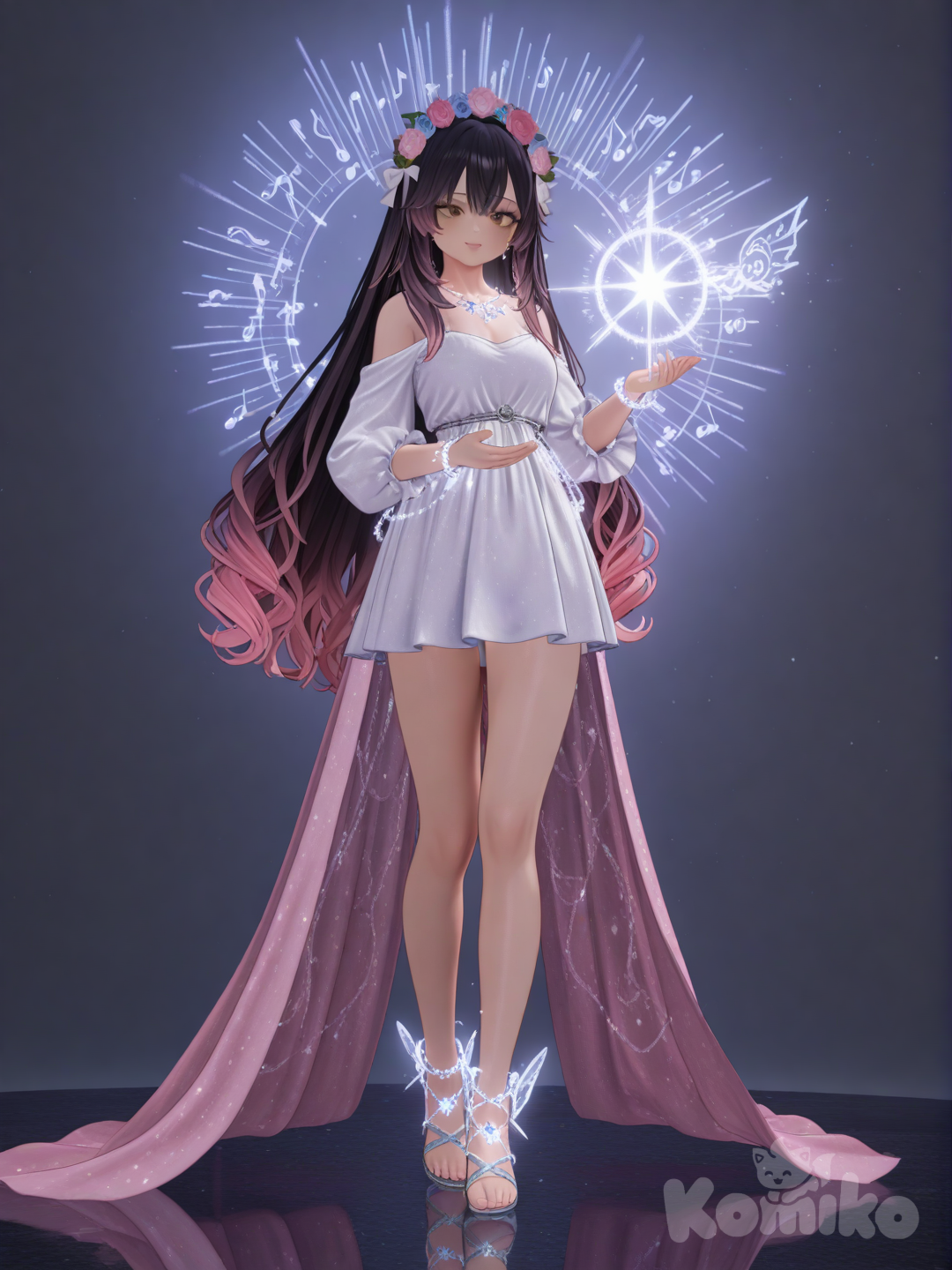 An ultra-detailed photograph shows a full-length, athletic, beautiful, and slender 25-year-old woman with a realistic body. capturing a stunning woman stand with super-long, straight hair Her brown eyes radiate confidence with A young Malaysian female character stands out with her vibrant long gradient black and pink hair, styled slightly messy, wearing a cool boho outfit featuring intricate silver elements. She is set against a backdrop of soft glowing flora and magical mist that fills a fantasy environment with a blend of futuristic and vintage technology. Delicate floating crystals and ancient runes add to the mystical ambiance, while warm, glowing hues of the flora and mist create a captivating atmosphere Su cabello luce liso y bien definido, con suaves notas musicales y el nombre "Luis Arcy" flotando suavemente alrededor de sus pies reflejando su pasión por la música y el arte.