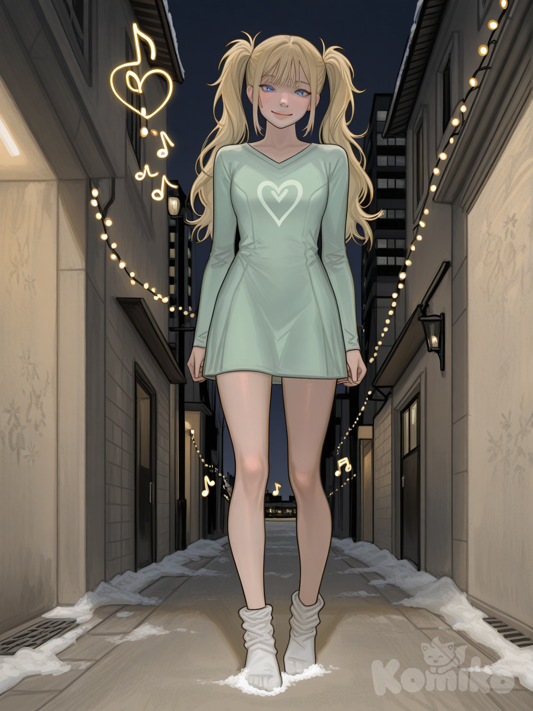 An ultra-detailed photograph shows a full-length athletic young woman de 25 años, hermosa, con un cuerpo realista. with long, vibrant blonde hair in pigtails. Her brown eyes radiate confidence with a radiant smile  exudes an irresistible presence. Her long, wavy hair boasts blonde highlights, accentuating her mesmerizing blue eyes. Dressed in a fitted green neon shirt dress, the text "Arcy's girl" is elegantly written in black lettering above a vibrant heart, adding a touch of personal flair. The city street behind her is illuminated by twinkling Christmas lights, snowflakes, and festive decorations, creating a warm and inviting atmosphere. The golden light envelops the scene, evoking a sense of serenity and joy, Su cabello luce liso y bien definido, con suaves notas musicales y el nombre "Luis Arcy" flotando suavemente alrededor de sus pies reflejando su pasión por la música y el arte.