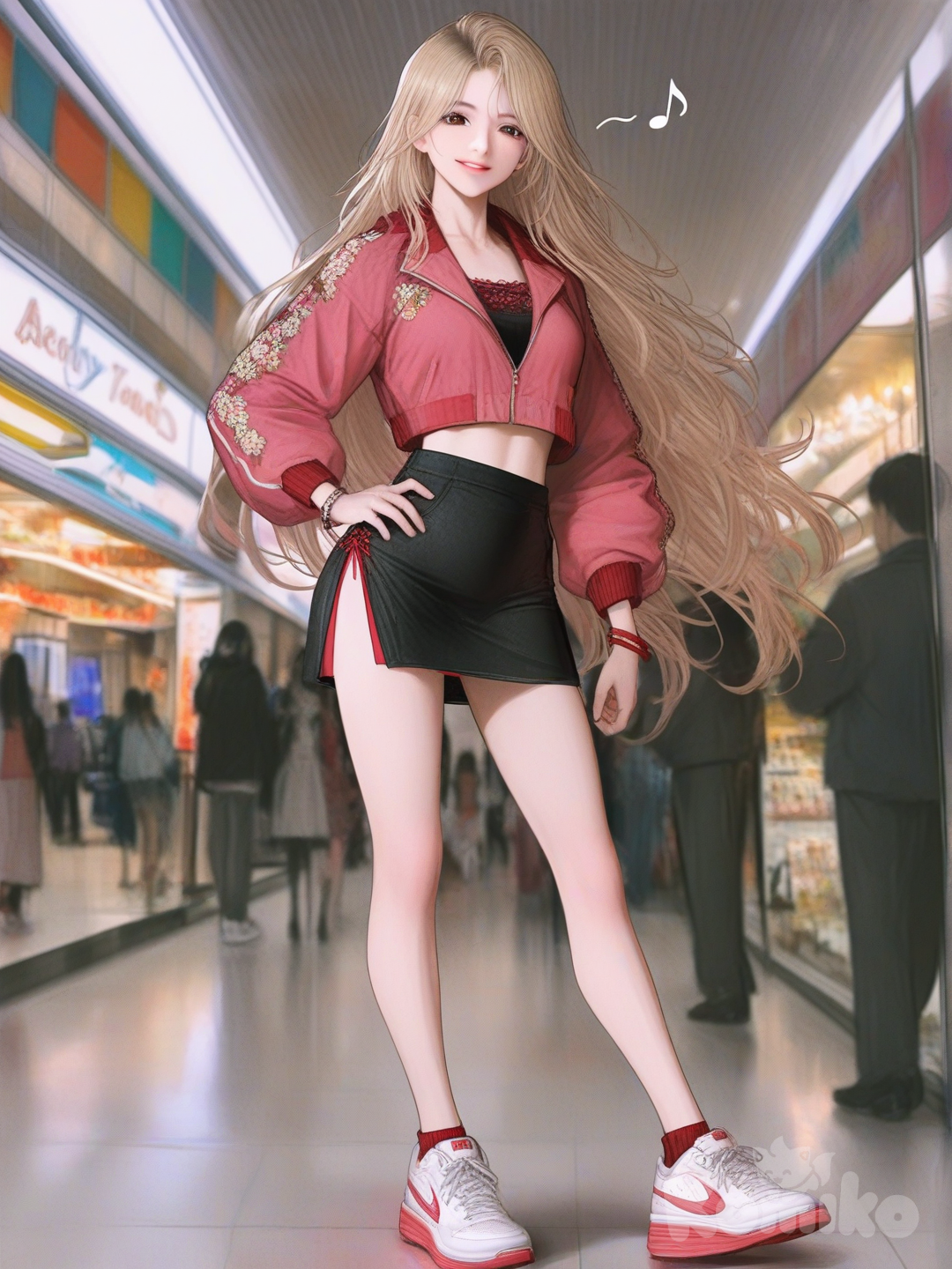 An ultra-detailed photograph shows a full-length, athletic, beautiful, and slender 25-year-old woman with a realistic body. capturing a stunning woman stand with super-long, straight blonde hair Her brown eyes radiate confidence with a radiant smile con un cuerpo realista. Se yergue en un bullicioso centro comercial, iluminada por una luz cálida y acogedora, luciendo con naturalidad una chaqueta rosa corta con un llamativo bordado "ARCY" en un rojo intenso, complementada con una elegante minifalda negra con una atrevida abertura y unas impecables zapatillas blancas de plataforma con suelas rojas brillantes. Una delicada nota musical se sostiene cerca de su cintura, adornada con alegres pulseras rojas. A sus pies, notas musicales entrelazadas y danzantes giran alrededor del elegante texto en 3D "Luis Arcy", creando un ambiente festivo, mientras que el fondo insinúa sutilmente la actividad del centro comercial con figuras borrosas y coloridos escaparates.