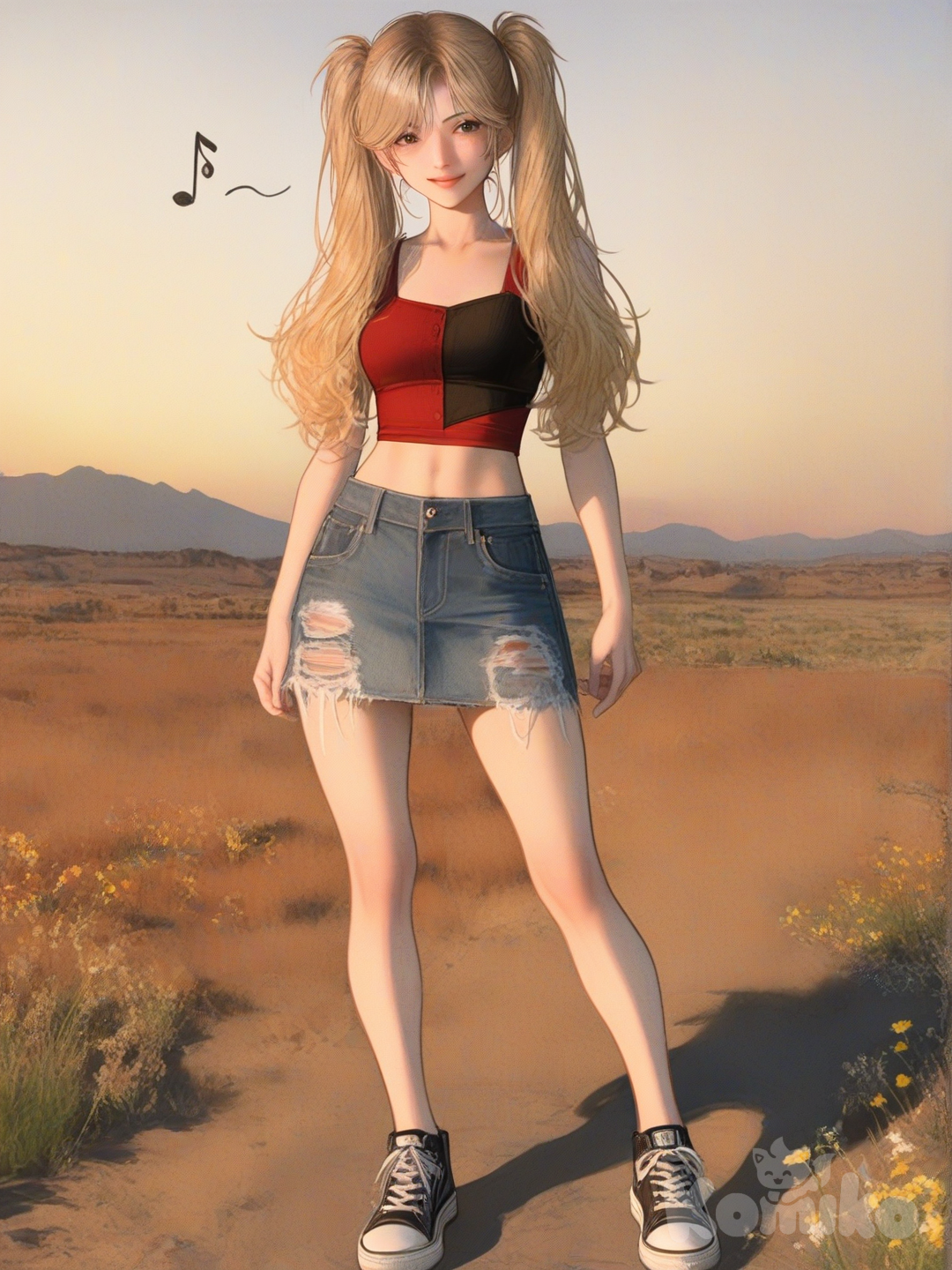 An ultra-detailed photograph shows a full-length athletic young woman de 25 años, hermosa, con un cuerpo realista. with long, vibrant blonde hair in pigtails. Her brown eyes radiate confidence with a radiant smile stands confidently in a sun-drenched desert landscape, She wears a ripped red and black white crop top displaying the phrase "Arcy's girl" and a faded, distressed jean miniskirt. The golden light of late afternoon bathes her in a soft, warm glow, emphasizing the textures of her clothing and the contours of her face. At her feet, Luis Arcy's signature and a vibrant rainbow-colored treble clef whimsically decorate the sandy ground, adding a playful touch to the serene, golden-hued scene. In the background, the desert sands stretch out, dotted with distant cacti and a scattering of wildflowers, their petals glowing in the warm light Su cabello luce liso y bien definido, con suaves notas musicales y el nombre "Luis Arcy" flotando suavemente alrededor de sus pies reflejando su pasión por la música y el arte.