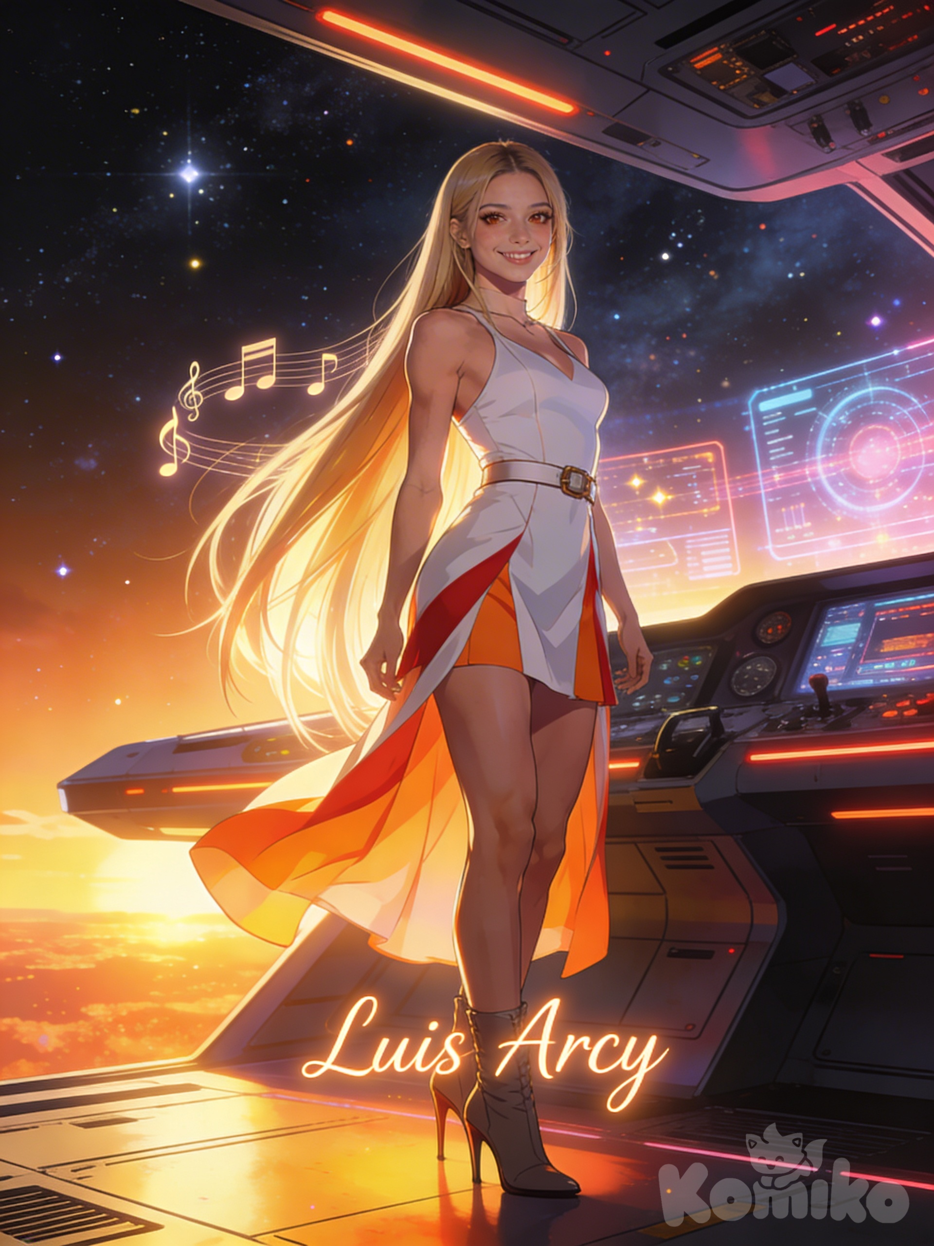 An ultra-detailed photograph shows a full-length, athletic, beautiful, and slender 25-year-old woman with a realistic body. capturing a stunning woman stand with super-long, straight blonde hair Her brown eyes radiate confidence with a radiant smile gracefully against a sleek, futuristic ship's control panel, exuding confidence in her flowing white, red, and orange minidress, elegantly accented by a slender belt and high-heeled boots. Her radiant smile is illuminated by warm, golden sunlight. Behind her, distant galaxies shimmer El fondo realza la silueta de la mujer. Su cabello luce liso y bien definido, con suaves notas musicales y el nombre "Luis Arcy" flotando suavemente alrededor de sus pies.  set against a backdrop of deep space with advanced holographic displays and twinkling stars, creating a breathtaking array of warm hues. The warm tones of the setting sun cast a soft glow over her figure, blending harmoniously with the ethereal light of the distant celestial bodies.