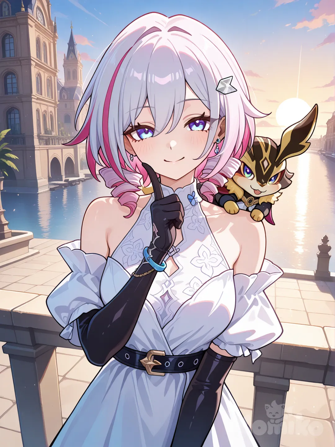 @Topaz_(Honkai:Star_Rail), playfull, 1 trotter climb on her shoulder, outdoor, off shoulders dress, elbow gloves