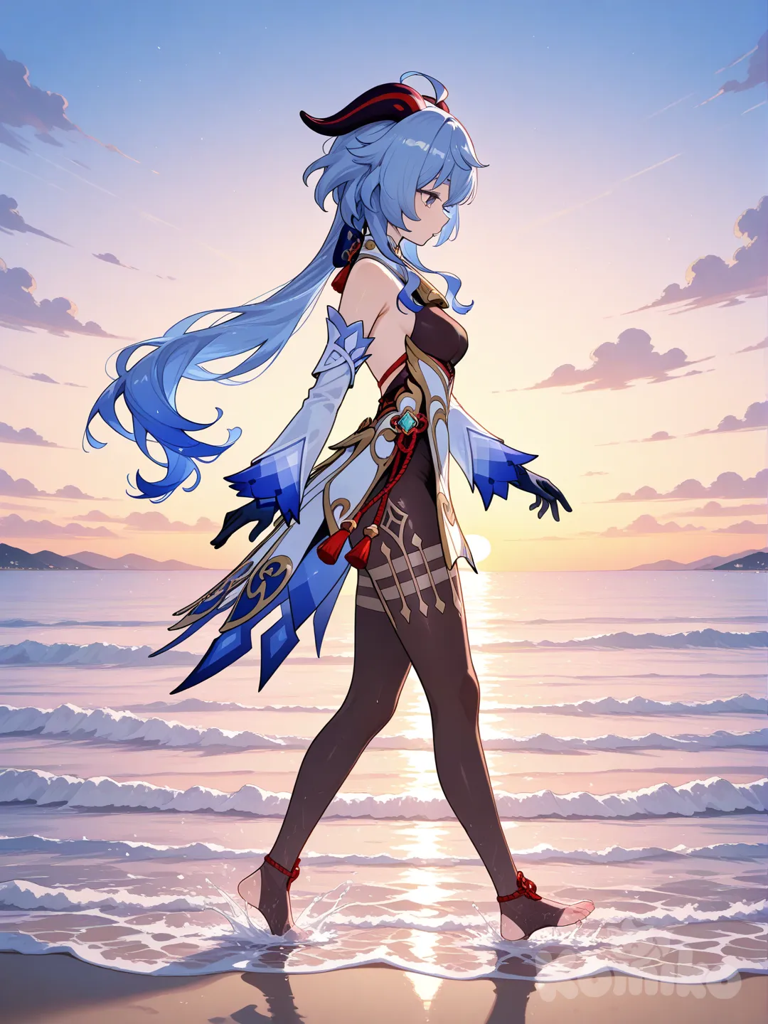 Ganyu enjoying the beach at sunset