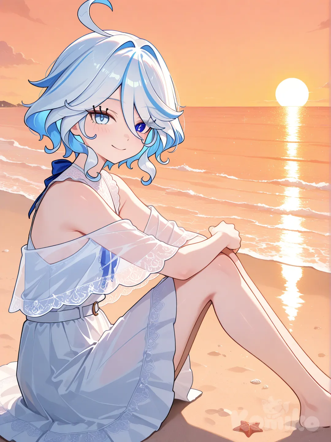 Furina (Genshin Impact), sitting on a sand, beach view, wear a sleeveless dress, and a thin cloth outer, single bare shoulder, looking at viewer, enjoying sunset, close up