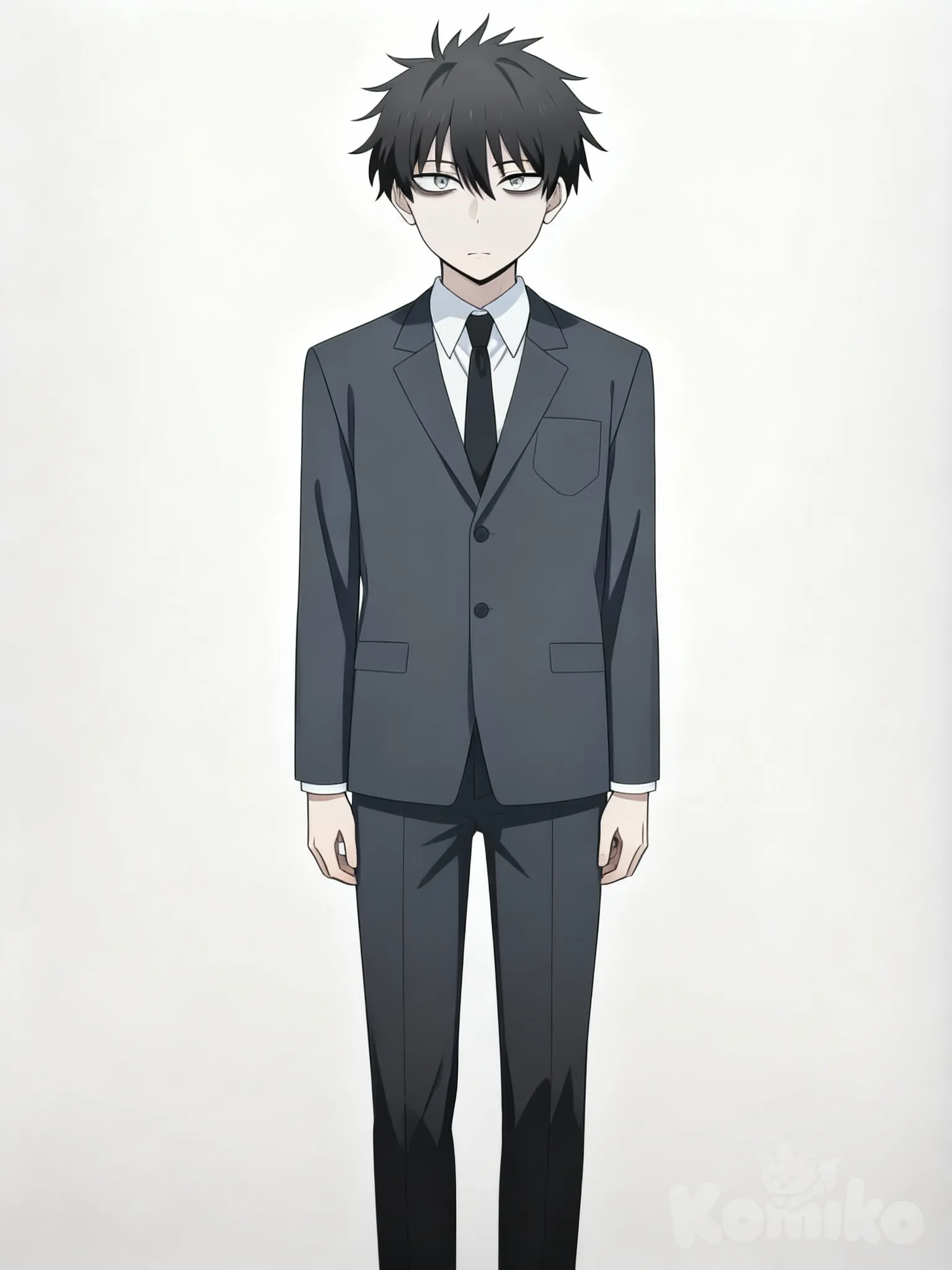 @mushasho-de-los-ojo-triste-aCTZ, A straight, front-facing standing pose with a neutral, balanced posture. Arms resting naturally at the sides. Head aligned forward. A calm, neutral facial expression that preserves the character’s original features and personality, with relaxed eyes, natural brows, and an unchanged, subtle expression, and also, he must be full body