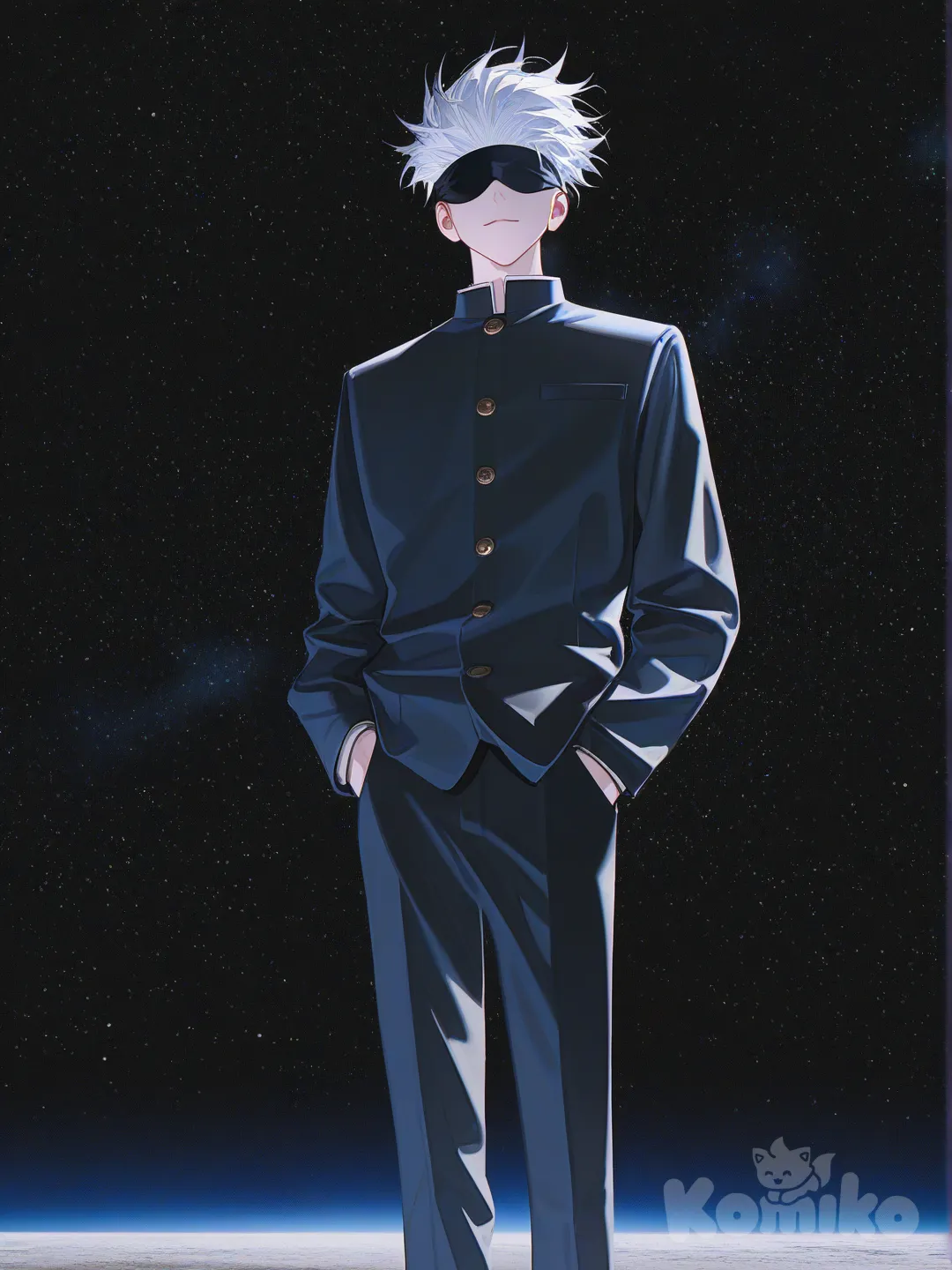 [high-contrast-glossy-style], @Gojou_Satoru, hands in pockets, school uniform, cosmic background