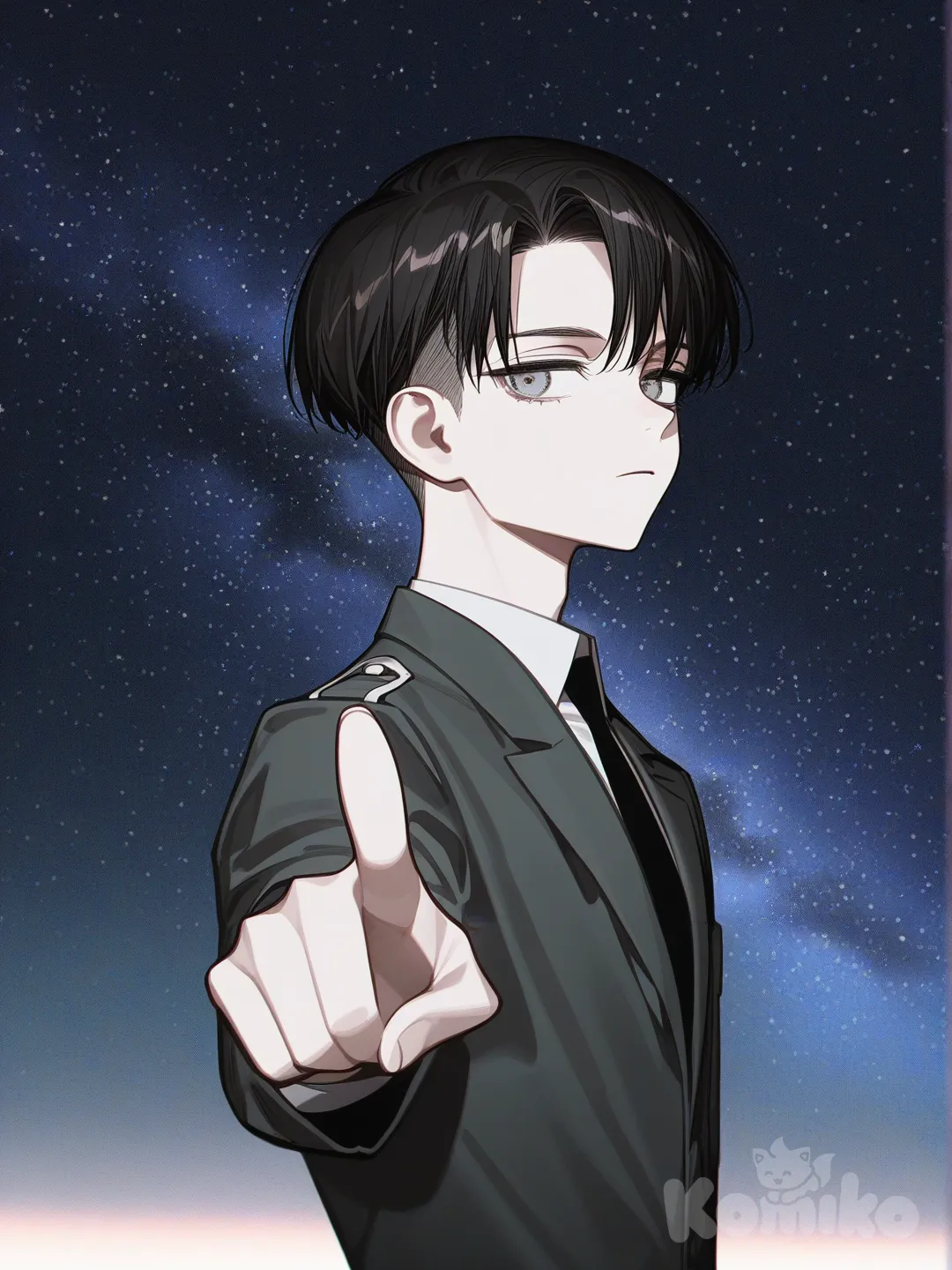 [high-contrast-glossy-style], Levi_(Shingeki_No_Kyojin), pointing at viewer, expressionless, starry sky