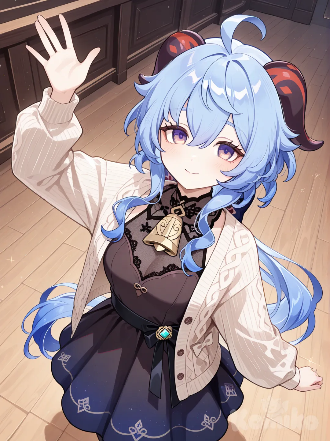 @Ganyu_(Genshin_Impact), waving, dancing, knitted cardigan, little black dress, bird's-eye view