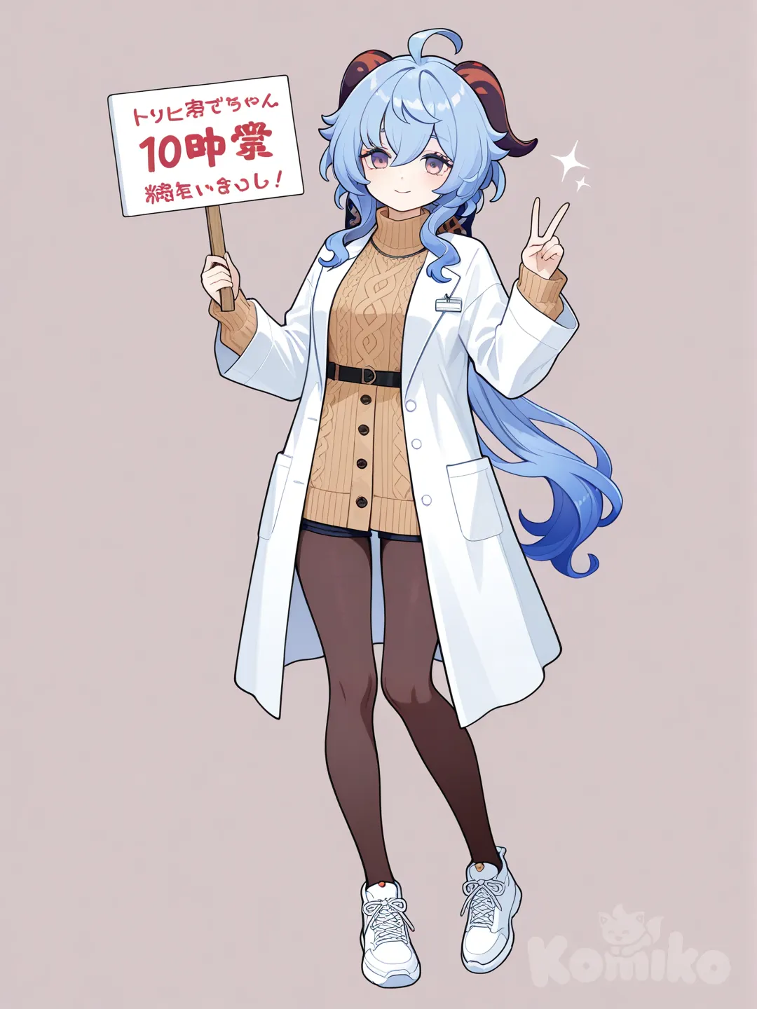 @Ganyu_(Genshin_Impact), v sign, holding sign, lab coat, knitted cardigan, looking at viewer, full body